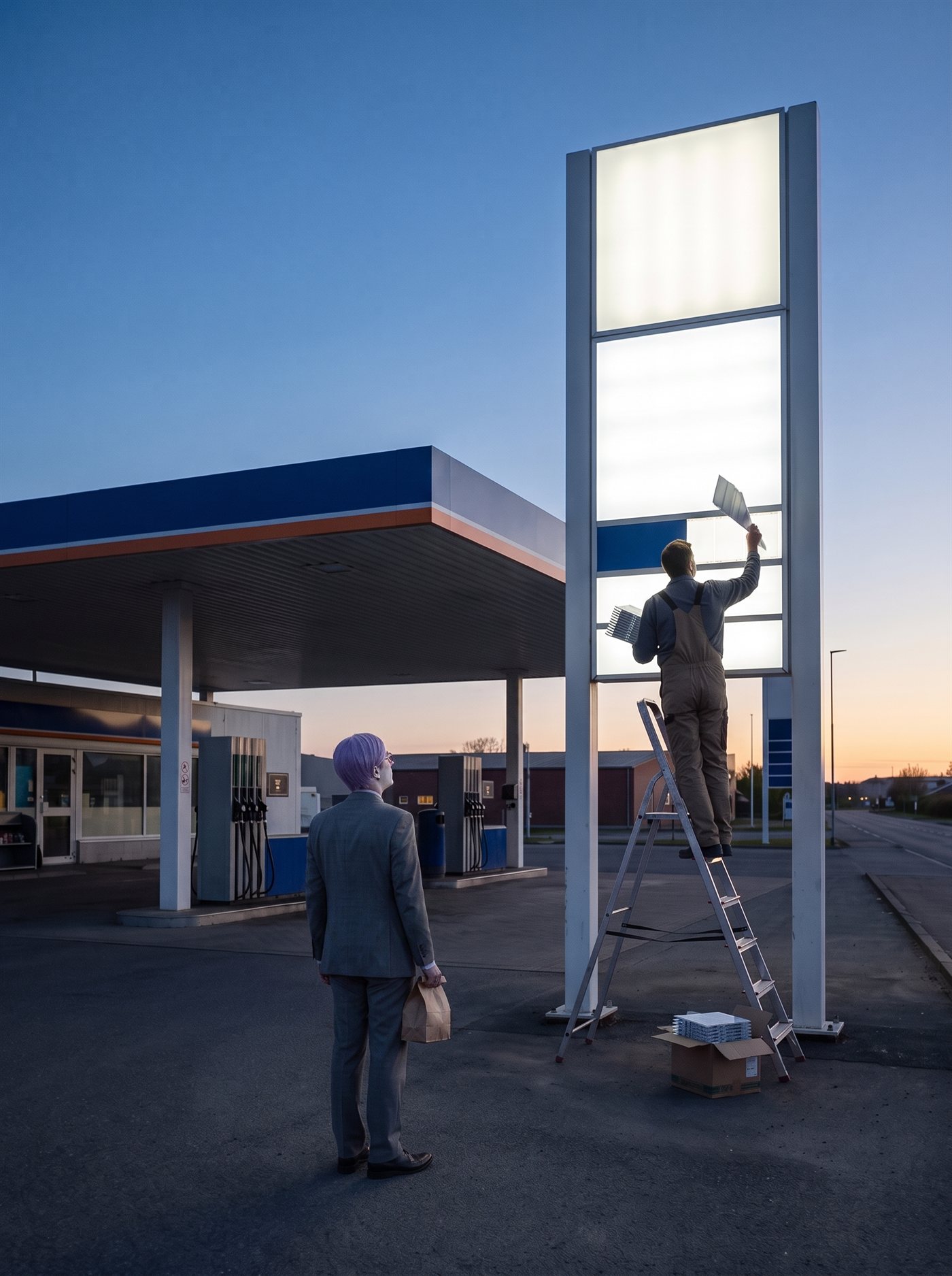 A photograph of the forecourt of an ordinary roadside filling station at first light on a morning in early April 2026. A tall roadside sign stands against a dawn sky going from deep blue to cold gold at the horizon; its illuminated light-box panels are switched on and glowing, and they are completely blank — every number has been taken off, so the sign reads as a stack of plain lit white rectangles. A worker in overalls stands halfway up an aluminium stepladder, reaching to the empty panel with one hand, a stack of loose blank tiles held against his chest with the other; an open cardboard box of more tiles sits at the ladder's foot. Behind him the pumps stand dark under the canopy and the shop is unlit. Out on the apron, small in the frame and seen from behind, a man in a grey suit a half size too big stands watching him work, lavender hair, head tipped up, a small brown paper bag held at the front of his waist. He is the only customer and he has no car. The road beyond is empty.