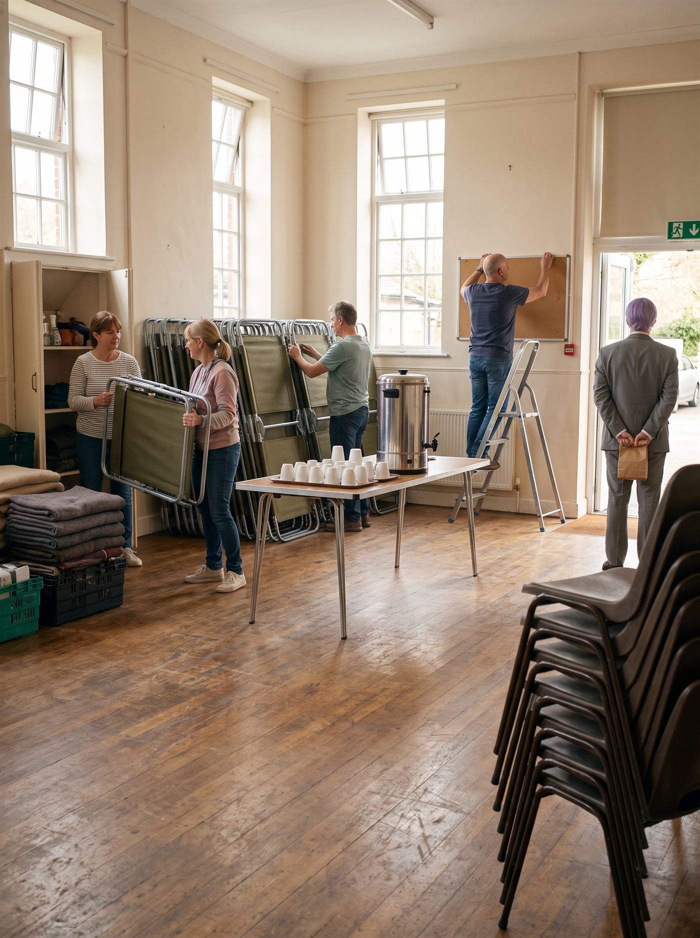 A photograph of a village hall on an April afternoon, being packed away after an emergency that is over. Rows of folding camp beds are being stacked against a wall by volunteers in ordinary clothes; blankets are folded into crates on the floor; a large tea urn stands cooling on a trestle table with the cups already turned upside down; a man on a stepladder is taking down an empty notice board. Tall windows stand open and clean spring light comes through them across a scuffed wooden floor. Two women carry a folded bed between them toward a store cupboard. The mood is unhurried and faintly cheerful — the work of putting something away rather than getting it out. Standing at the back of the hall near the doorway, seen from directly behind and partly hidden by a stack of folded chairs in the foreground, is a man in an off-the-rack mid-grey suit with tidy lavender side-parted hair, holding a small brown paper bag closed in both hands. He is facing into the hall, watching the beds go away. Nobody is looking at him.