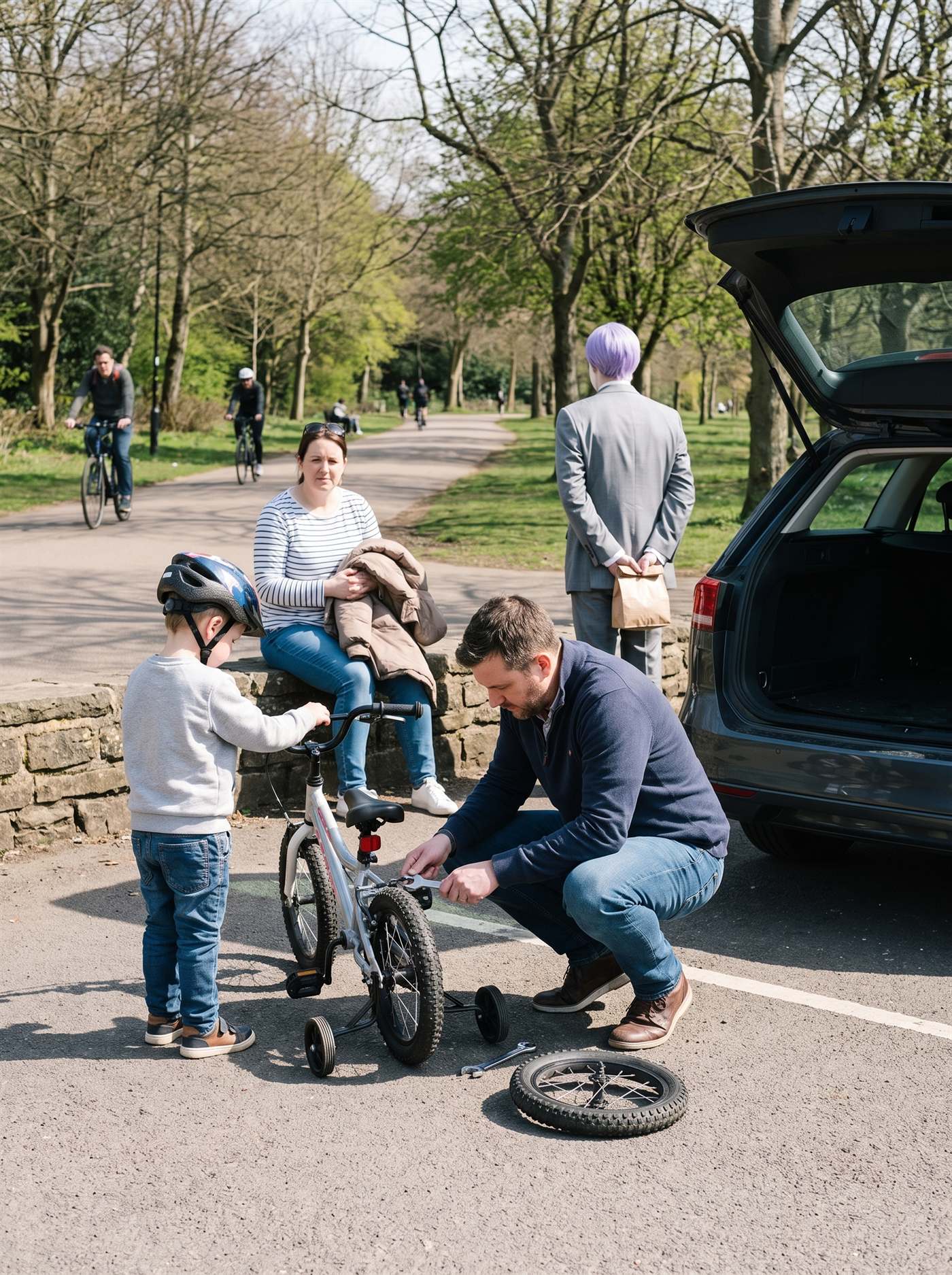 A photograph of the corner of a park car park on a bright April afternoon. A father crouches beside a small child's bicycle with a spanner, unbolting the stabiliser wheels from the back axle; one stabiliser is already off and lying on the tarmac beside him. The child, about six, stands a step away in a helmet holding the handlebar, watching the wheels come off, impatient rather than frightened. A woman sits on a low wall behind them with a coat over her arm. Beyond them the park path runs away between trees in clean spring sun with a couple of cyclists on it. The light is bright and direct and the shadows are crisp and short. Standing well back at the edge of the car park, seen from directly behind and partly hidden by the open boot of a parked estate car in the foreground, is a man in an off-the-rack mid-grey suit with tidy lavender side-parted hair, holding a small brown paper bag closed in both hands. He is facing the bicycle. Nobody is looking at him.