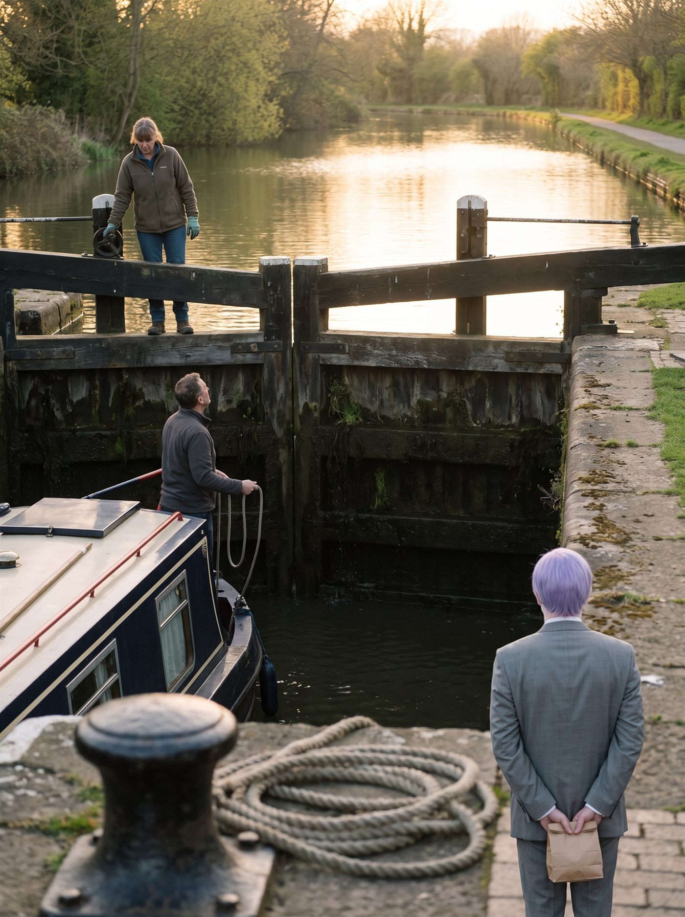 A photograph of a canal lock on a clear April evening, taken from the towpath. A narrowboat sits low in the lock chamber between wet, dark, weed-streaked walls, and beyond the closed upper gates the water of the pound stands plainly higher — a clear step between the level inside the chamber and the level the boat is waiting to reach. A woman in a fleece stands on the beam of the upper gate with a windlass in her hand, waiting for the last of it. A man on the boat holds a rope and looks up at the gate. The low evening sun is behind them and lies gold along the flat water of the upper pound, while the chamber itself is in shadow. Standing well back along the towpath, seen from directly behind and partly hidden by a bollard and a coil of rope in the foreground, is a man in an off-the-rack mid-grey suit with tidy lavender side-parted hair, holding a small brown paper bag closed in both hands. He is facing the lock, watching the water come up short. Nobody is looking at him.