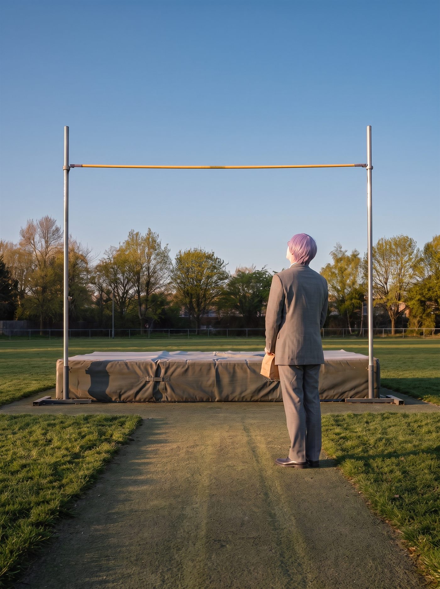 A photograph of the same municipal athletics ground and the same high-jump standards photographed in January, now on a warm clear afternoon in the middle of April 2026, an hour before sunset. The frost is gone; the grass is green and freshly cut and the trees along the far fence are in new leaf. The two uprights hold the crossbar higher than before, at the very top of the standards, and it sits dead level and perfectly still on its pegs. The low afternoon sun runs straight along it so the bar burns as one clean gold line across the whole width of the frame, the brightest thing in the photograph. The foam landing mat below is square and settled; nothing in the frame is moving. At the far end of the empty approach, small in the frame and seen from behind at a three-quarter angle, stands a man in full clown makeup and a grey suit a half size too big, lavender hair, head tipped back, looking up at the bar — the same stance, in the same place, as in winter. Both hands hold a small brown paper bag at the front of his waist. His long shadow stretches away across the green grass.