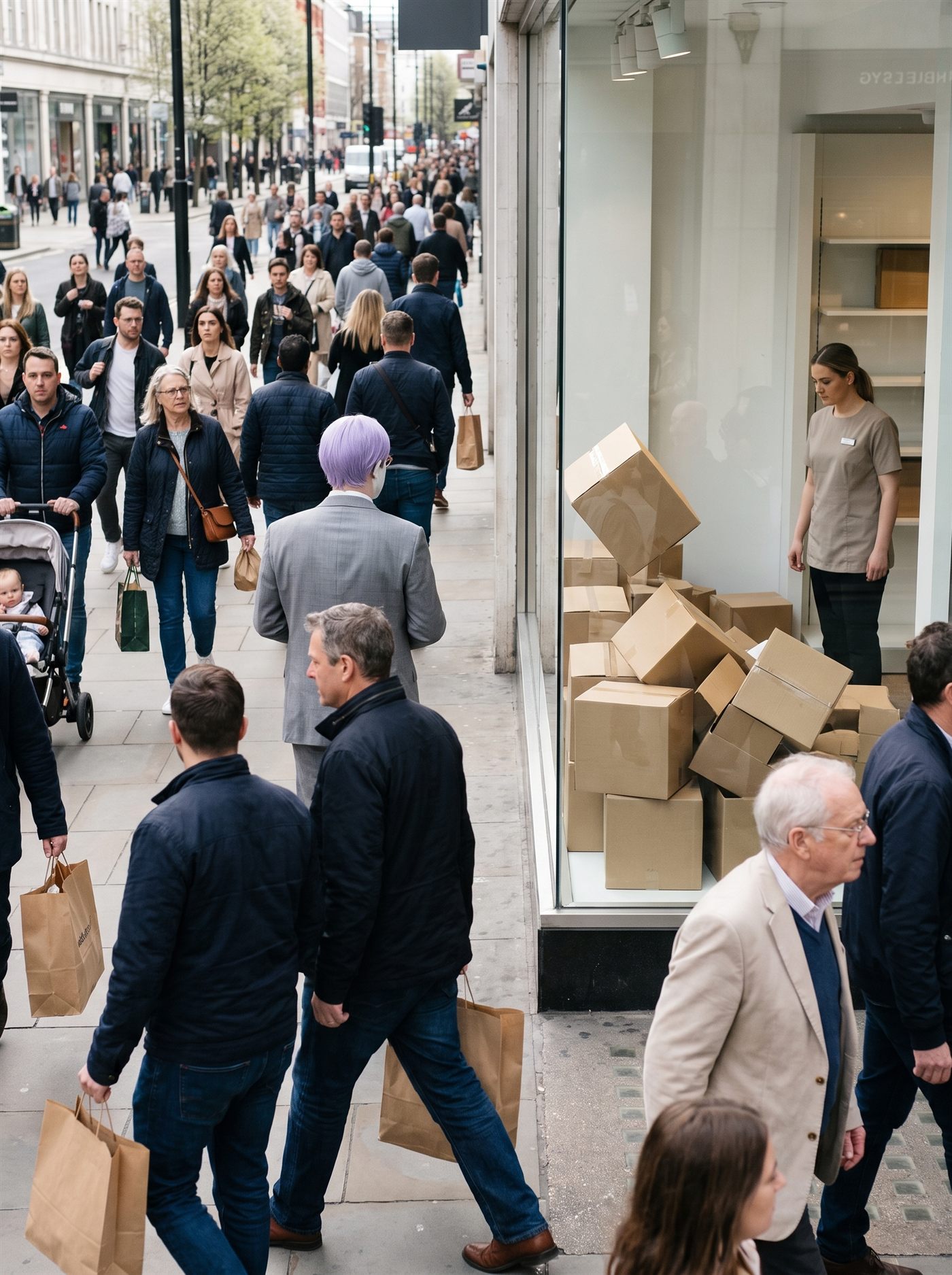 A photograph of a busy pedestrian shopping street on a Friday afternoon in clean bright spring light. A dense crowd of ordinary people moves through the frame in one direction — shoppers with bags, a pushchair, two teenagers, an older couple — all of them purposeful and unremarkable. In a large plate-glass shop window on the right-hand side a tall display has collapsed: a pyramid of boxes has come down into a heap against the inside of the glass, one box tipped against the pane at an angle, the whole thing plainly fallen. Inside the shop a single assistant stands looking at the mess with her hands at her sides. Not one person on the pavement has stopped or turned toward it; the crowd keeps moving past the window. Standing well back in that moving crowd, seen from directly behind and partly hidden by people in the foreground, is a man in an off-the-rack mid-grey suit with tidy lavender side-parted hair, holding a small brown paper bag closed in both hands. He is the only figure in the picture facing the window. Nobody is looking at him.