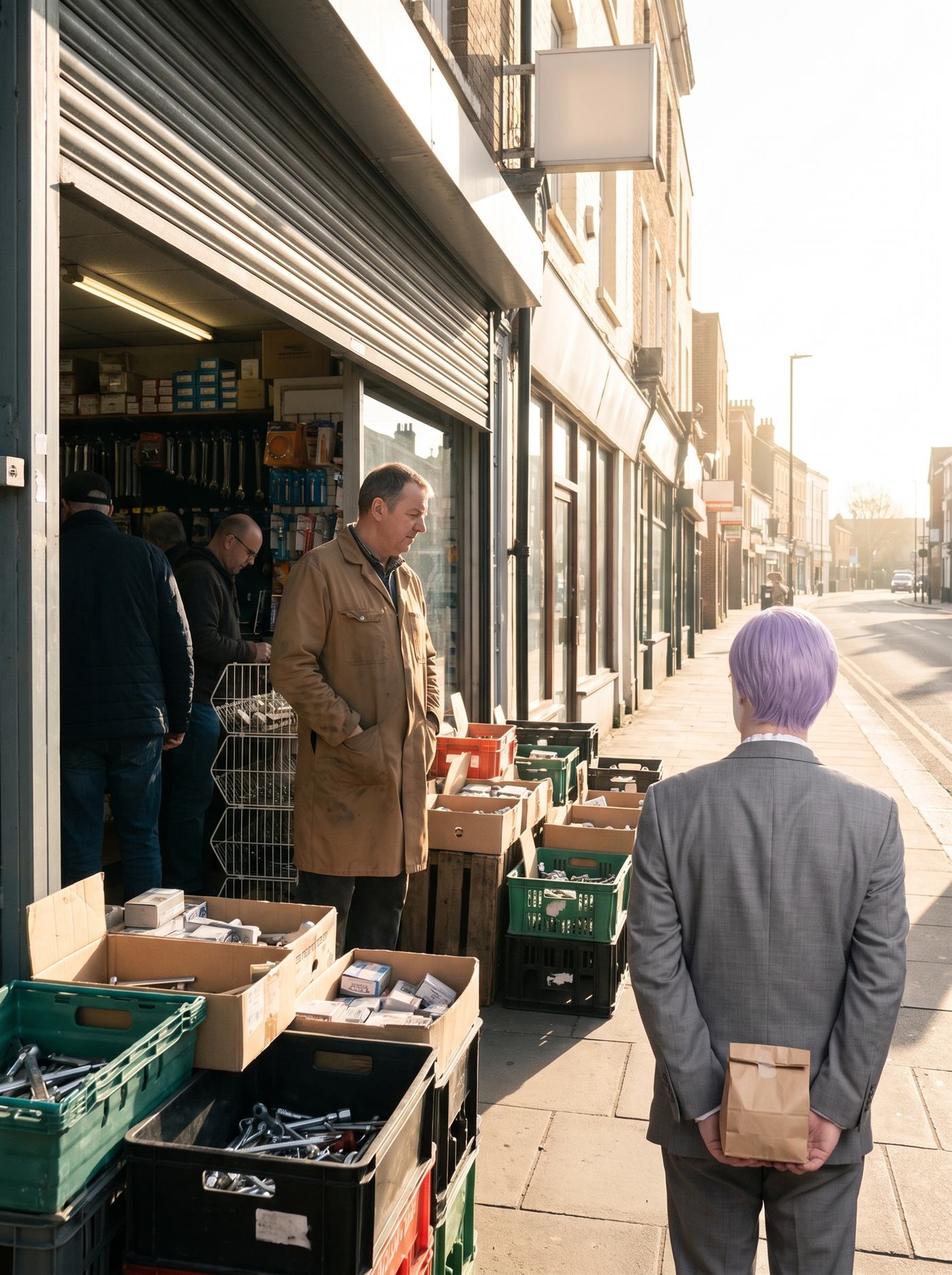 A photograph of the front of an old ironmonger's shop on a town street, taken first thing on a bright April morning. The heavy roller shutter has been pushed all the way up and propped, and it is plainly not coming down again today. The shopkeeper stands in the open doorway in a brown work coat with his hands in his pockets, looking out at the street. Two or three customers are already inside among the racks, visible through the doorway. Crates of goods sit stacked on the pavement outside, waiting to be carried in. The low morning sun comes straight down the street and lights the whole shopfront and the pavement in front of it warm and hard, throwing long shadows toward the camera. Standing well back down the pavement, seen from directly behind and partly hidden by the stacked crates in the foreground, is a man in an off-the-rack mid-grey suit with tidy lavender side-parted hair, holding a small brown paper bag closed in both hands. He is facing the open shutter. Nobody is looking at him.