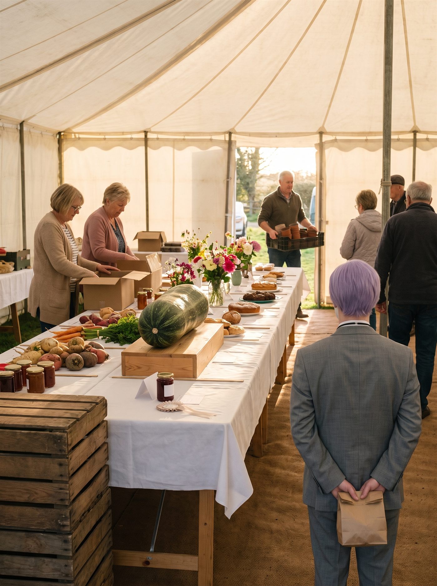 A photograph of the produce and craft prize table at a small village show, late in the afternoon of the last day of the month, inside a marquee with warm light coming through the canvas. The judging is done and the long table is laid with entries on a white cloth — vegetables, jars of preserves, cut flowers. On a raised stand in the middle sits an enormous marrow, by far the largest and most impressive thing on the table, and there is no card beside it at all. A short way along, a small modest jar of preserves has a card and a rosette propped against it. Two women in cardigans have begun clearing the far end of the table into boxes and a man carries a crate of empties out through the marquee door into low golden light. A few visitors drift along the table, unhurried, on their way out. Standing well back near the marquee entrance, seen from directly behind and partly hidden by a stack of crates in the foreground, is a man in an off-the-rack mid-grey suit with tidy lavender side-parted hair, holding a small brown paper bag closed in both hands. He is facing the prize table. Nobody is looking at him.