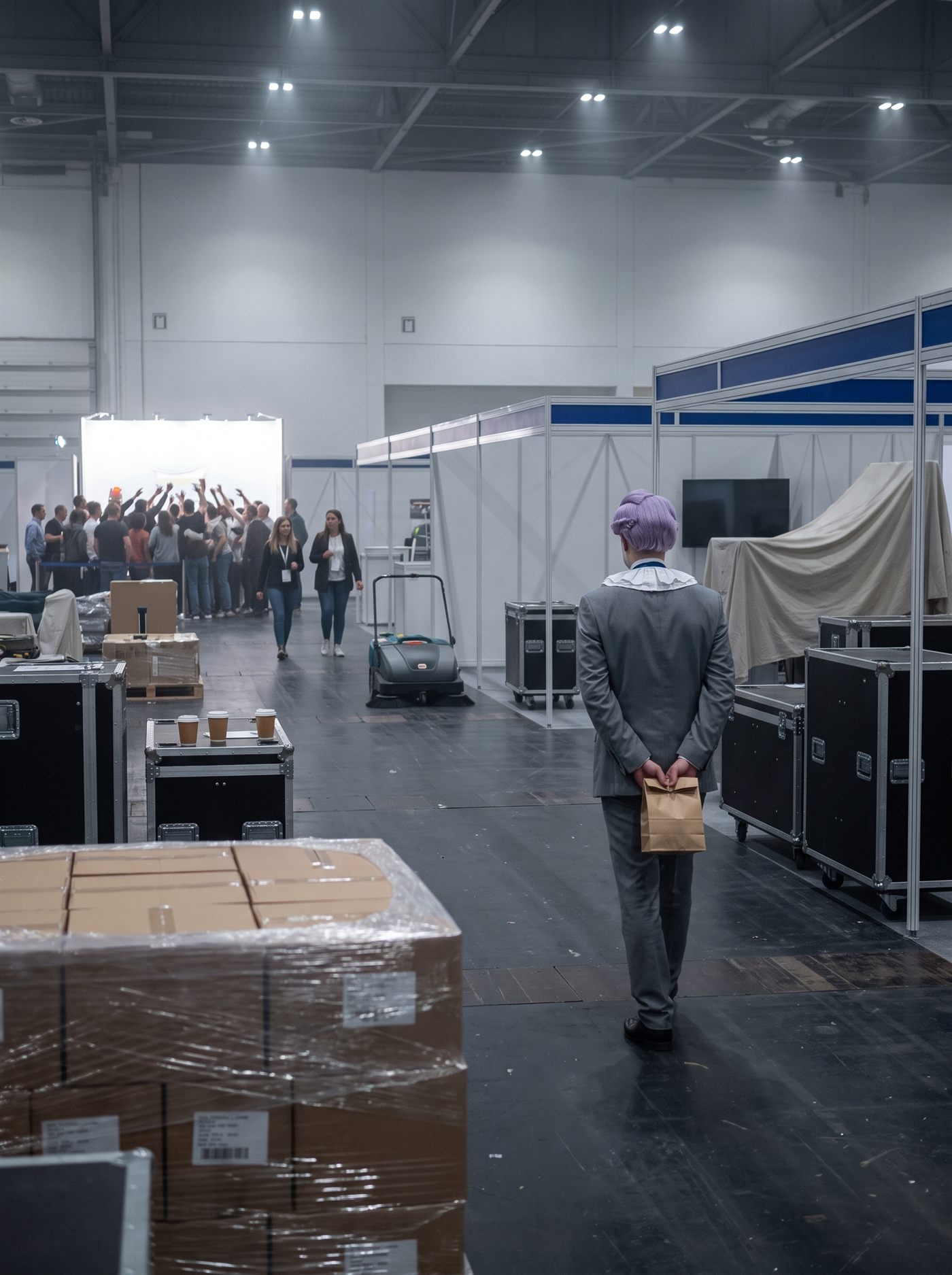 A photograph of the main hall of a large trade exhibition on its first morning, still half built. The overhead lights are only partly switched on and most of the hall sits in a flat grey haze: bare aluminium stand frames stand empty, a dust sheet is still draped over a display on the right, black flight cases are stacked in the aisles, a pallet of shrink-wrapped boxes fills the near foreground, coffee cups sit abandoned on a case, and an electric floor sweeper is working its way down the empty carpet. Far away at the back left, one single stand is fully lit and completely mobbed — twenty or thirty people crowded around it with their arms raised, the only busy thing in the building. Two women in the middle distance walk past that crowd without turning their heads. Walking up the main aisle away from the camera, small in the frame and partly blocked by the pallet, is a man in an off-the-rack mid-grey suit with tidy lavender side-parted hair, seen from directly behind, holding a small folded brown paper bag in both hands behind him. Nobody is looking at him.