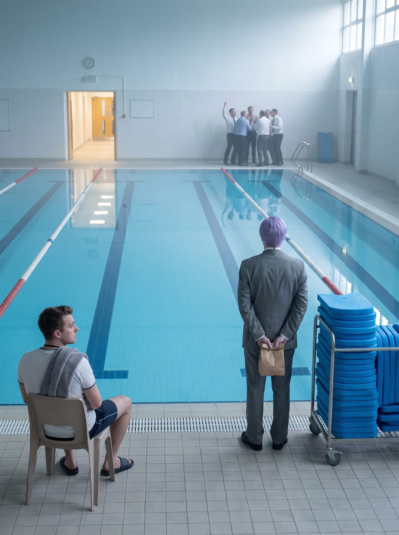 A photograph of the main hall of an old municipal swimming baths on a weekday morning. The pool fills most of the frame and is completely still — not one ripple — holding an unbroken sheet of reflected window light like a pane of glass laid over the water, the lane ropes hanging slack across it. Nobody is swimming. At the near left an attendant in a white shirt sits sideways on a plastic chair with a towel over his shoulder, looking away across the tiles. At the far end of the hall, small and distant against the white wall, six or seven men in shirtsleeves are crowded tightly together around something on the floor that cannot be seen; one has both arms raised above his head and another is turning away with his hands on his head. They are plainly shouting and nobody in the pool hall has turned round. Standing at the shallow end on the right, seen from directly behind and partly blocked by a wheeled trolley stacked with blue float boards, is a man in an off-the-rack mid-grey suit with tidy lavender side-parted hair, his hands clasped behind his back holding a small folded brown paper bag. He is looking down at the flat water, not at the men.