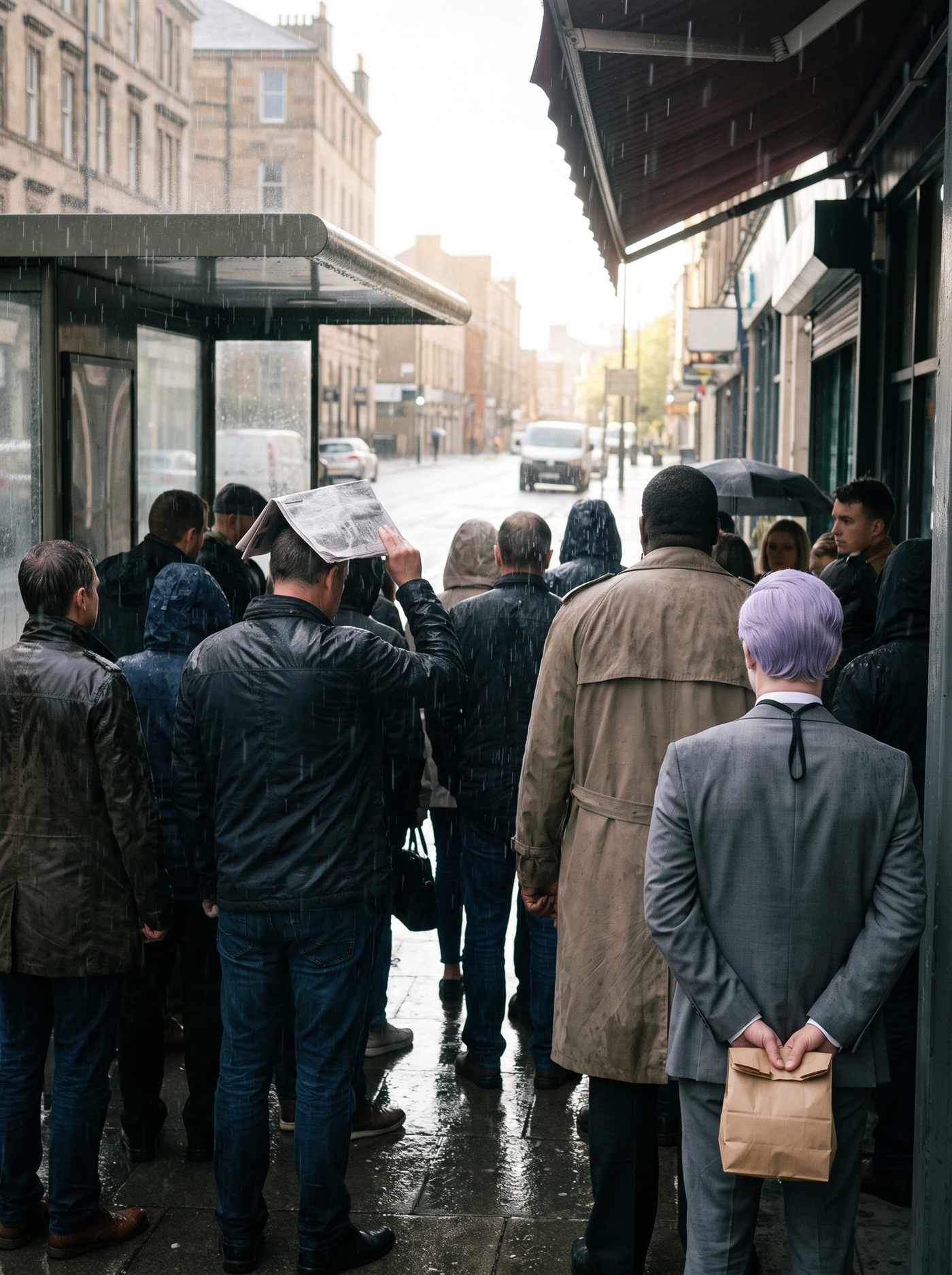 A photograph of a city pavement during a sudden hard squall of rain. Fifteen or twenty people have crammed in under a shop awning and a bus shelter, pressed shoulder to shoulder in wet coats, facing out into the downpour and waiting: one man holds a folded newspaper flat over his head, another has an umbrella up, a woman in a pale raincoat stands with her arms folded. The rain is coming down at an angle and bouncing up off the wet paving, which is throwing back the light. Down the street beyond them the sky has already broken — a wide band of clean bright light sits under the cloud, and the buildings at the far end stand pale and dry in it. Nobody sheltering has noticed the bright end of the street. Standing at the outer edge of the group on the right, seen from directly behind and partly blocked by the people in front of him, is a man in an off-the-rack mid-grey suit with tidy lavender side-parted hair, holding a small folded brown paper bag in both hands behind his back. He is looking out at the rain. Nobody is looking at him.