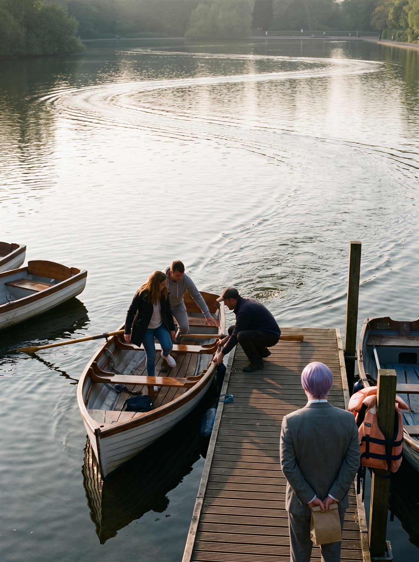 A photograph of a municipal boating lake in low evening light, seen from above the end of a wooden jetty. A varnished rowing boat has just come back in and is being tied up: a man in a cap crouches on the boards with the rope in his hands while two people climb out of the boat, one still with a foot inside it, the oars shipped across the thwarts. The water around the jetty is churned, and a long silver S-curve of wake is still drawn across the whole flat surface of the lake — out towards the far bank and back again — ending exactly where it began. The rest of the water is glassy and holds the pale sky. Other boats sit moored and empty along the jetty. Standing at the landward end of the boards, seen from directly behind and partly blocked by a mooring post and a rail of orange lifejackets, is a man in an off-the-rack mid-grey suit with tidy lavender side-parted hair, holding a small folded brown paper bag in both hands behind his back. He is watching the boat being tied up. Nobody is looking at him.