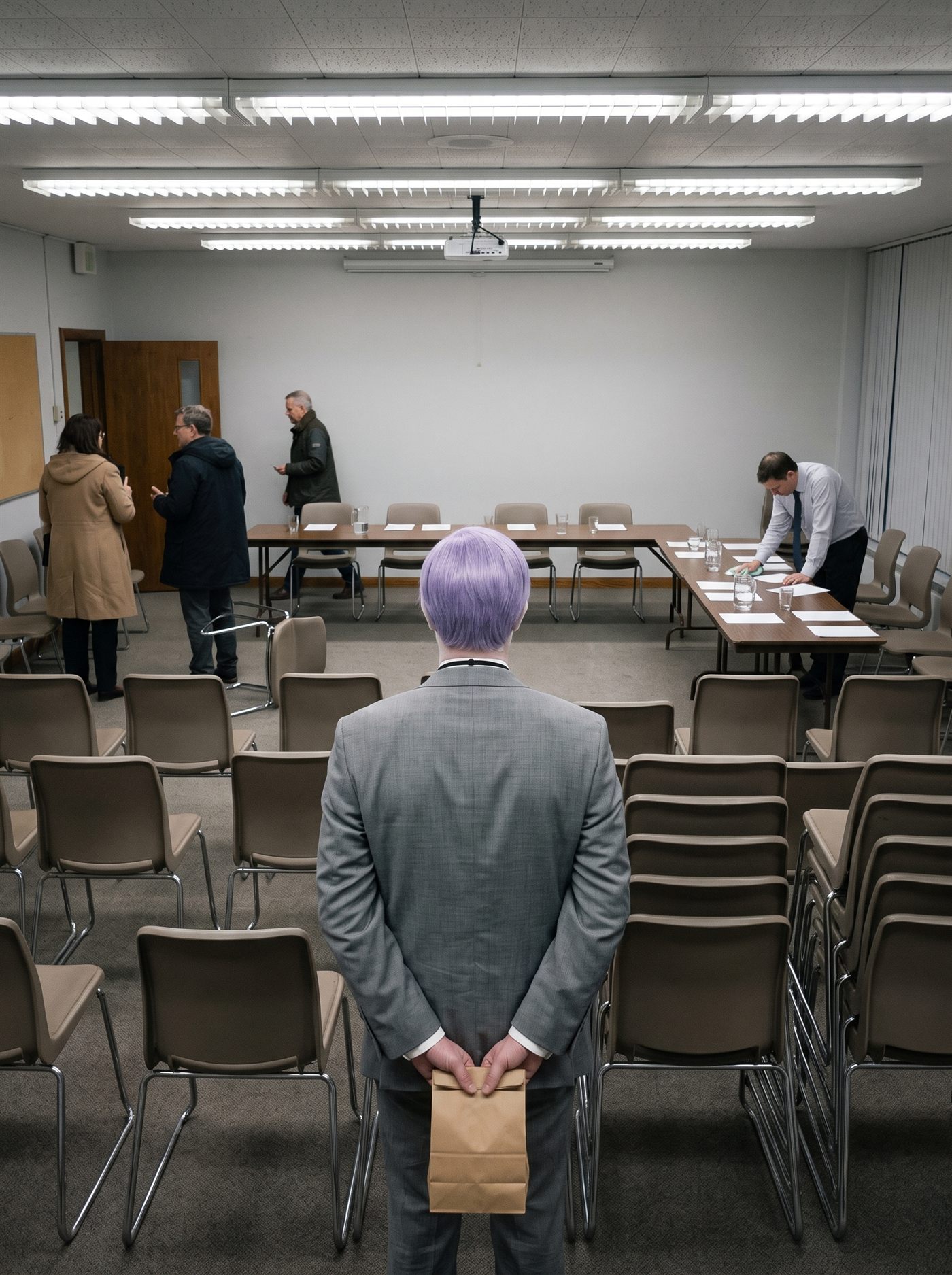 A photograph of a municipal committee room about ten minutes after a meeting has finished. Rows of stacking chairs with tan seats and chrome legs fill the foreground, pushed back and left at careless angles, most of them empty. At the front, tables have been set in a long open rectangle with blank sheets of paper and half-drunk glasses of water still on them, and a man in a white shirt and tie is working along one side, squaring the loose sheets into a single stack. Three people are leaving: two stand talking by the wooden door on the left with their coats already on, and a third walks out along the back wall with a phone in his hand. Banks of hard fluorescent tubes cover the ceiling and a projector hangs unused above the tables; vertical blinds are drawn across the window on the right. Standing alone at the back of the room among the empty chairs, seen from directly behind, is a man in an off-the-rack mid-grey suit with tidy lavender side-parted hair, holding a small folded brown paper bag in both hands behind his back. He is facing the front of the emptying room. Nobody is looking at him.