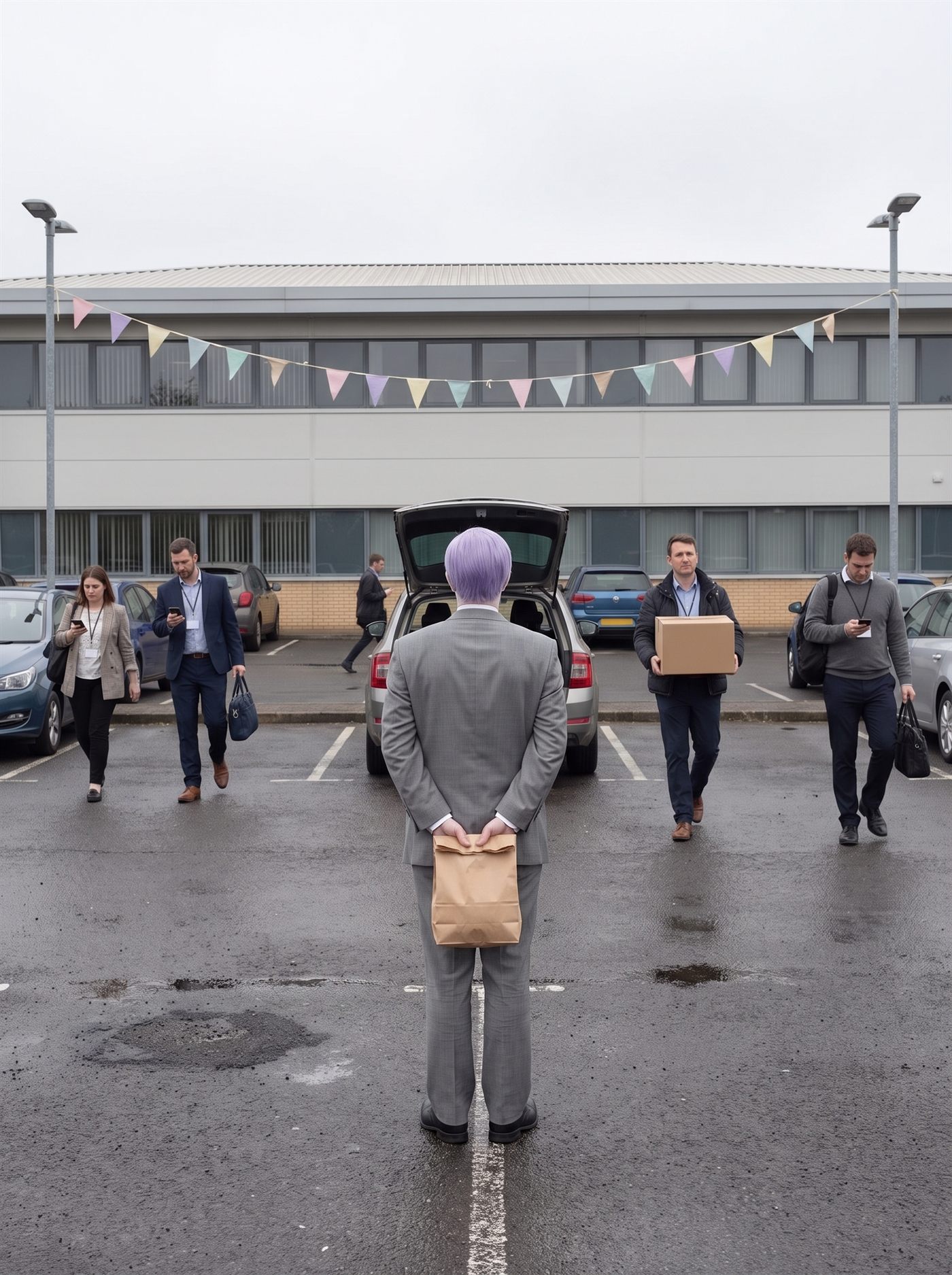 A photograph of the staff car park behind an ordinary low office building on a flat grey afternoon before a long weekend. Most of the marked bays are already empty and the tarmac is wet in patches. Half a dozen people are walking away from the building towards their cars with bags over their shoulders, two of them looking at their phones, one man carrying a plain cardboard box. An estate car stands in the middle with its boot open. Strung between two lamp posts across the whole width of the frame is a line of small triangular bunting flags in faded pastel colours, sagging in the middle, left over from something; nobody is looking at it. Standing out among the empty bays facing the building everyone else is walking away from, seen from directly behind, is a man in an off-the-rack mid-grey suit with tidy lavender side-parted hair, holding a small folded brown paper bag in both hands behind his back. Nobody is looking at him.