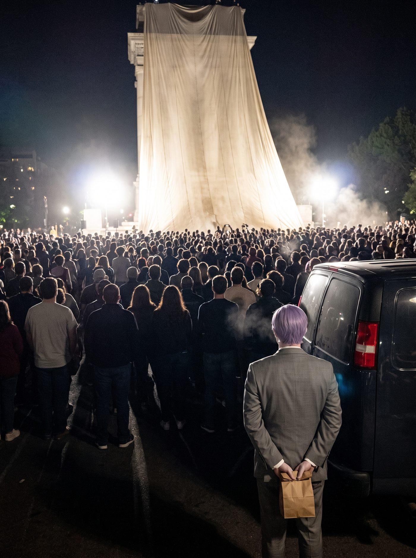 A photograph of a civic square at night at the moment a very large covered monument is being unveiled. An enormous pale dust sheet hangs down the full height of the thing, still covering it, lit hard from below by floodlights that throw smoke and haze up into the dark and put the whole crowd into silhouette. The shape underneath is unreadable; only its scale is obvious. Several hundred people are packed into the square facing it, shoulder to shoulder, their backs to the camera, a few phones raised. Nobody's face is visible. At the extreme back edge of the crowd, on the right, a man in an off-the-rack mid-grey suit with tidy lavender side-parted hair stands beside the rear corner of a dark parked van, seen from directly behind, his hands clasped behind his back holding a small folded brown paper bag. He is facing the monument like everyone else, and the crowd is solid in front of him. Nobody is looking at him.