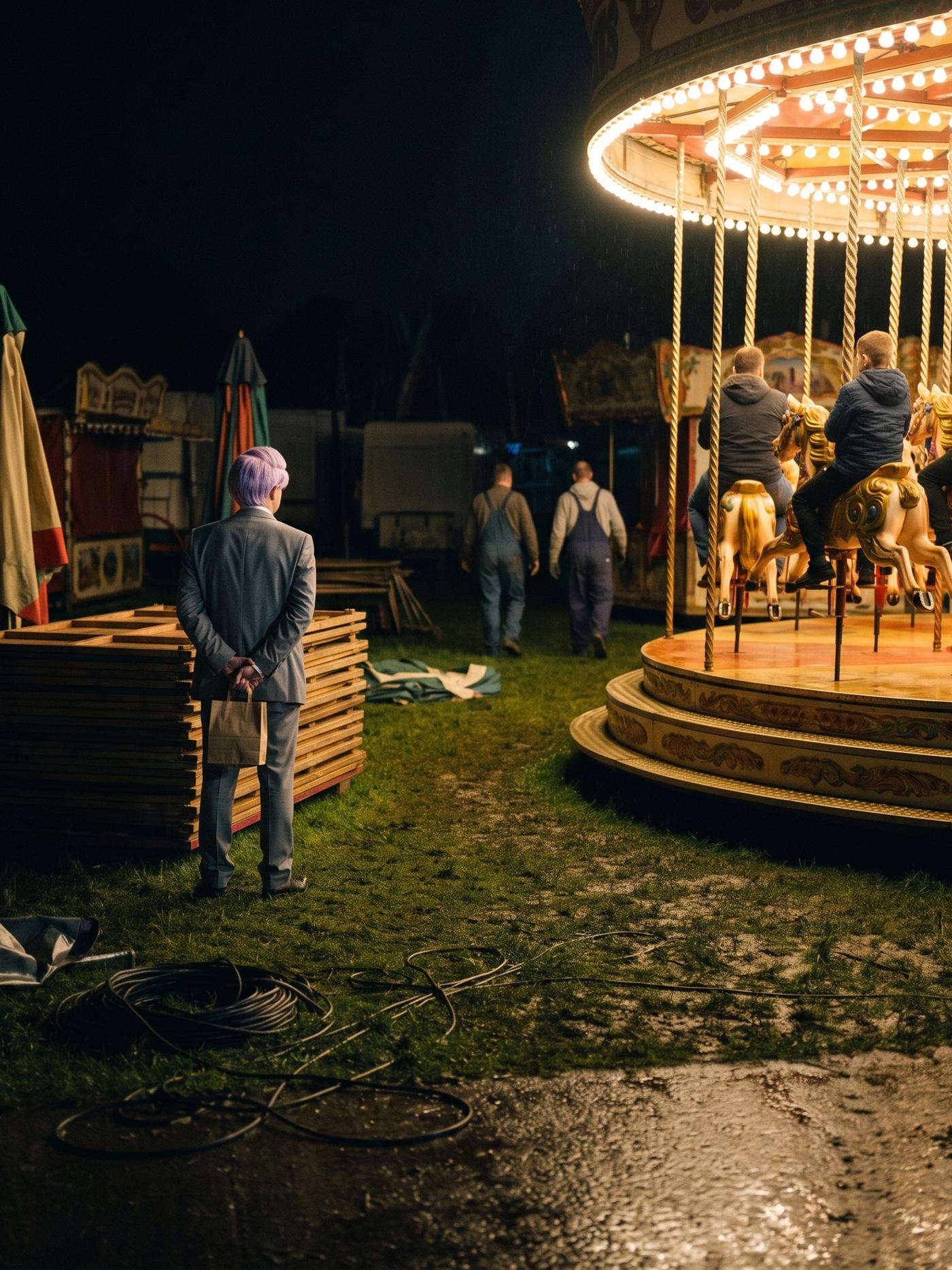 A photograph of a travelling fairground on a wet field late at night, at closing time. Almost the whole fair has gone dark and is being packed away: stacks of wooden flooring panels lie piled on the grass, folded umbrellas and shuttered stalls stand unlit at the left, a heap of coiled black cable lies across the mud in the foreground, a tarpaulin has been dropped on the grass, and two men in overalls are walking away from the camera into the dark. On the right, one carousel is still fully lit and still turning — a blaze of warm gold bulbs on the underside of its canopy, its brass poles and carved horses bright, three or four people riding it. Nothing else on the field is illuminated. Standing out on the dark grass between the stacked panels and the ride, seen from directly behind and partly blocked by the pile of flooring, is a man in an off-the-rack mid-grey suit with tidy lavender side-parted hair, his hands clasped behind his back holding a small folded brown paper bag. He is watching the one lit ride. Nobody is looking at him.