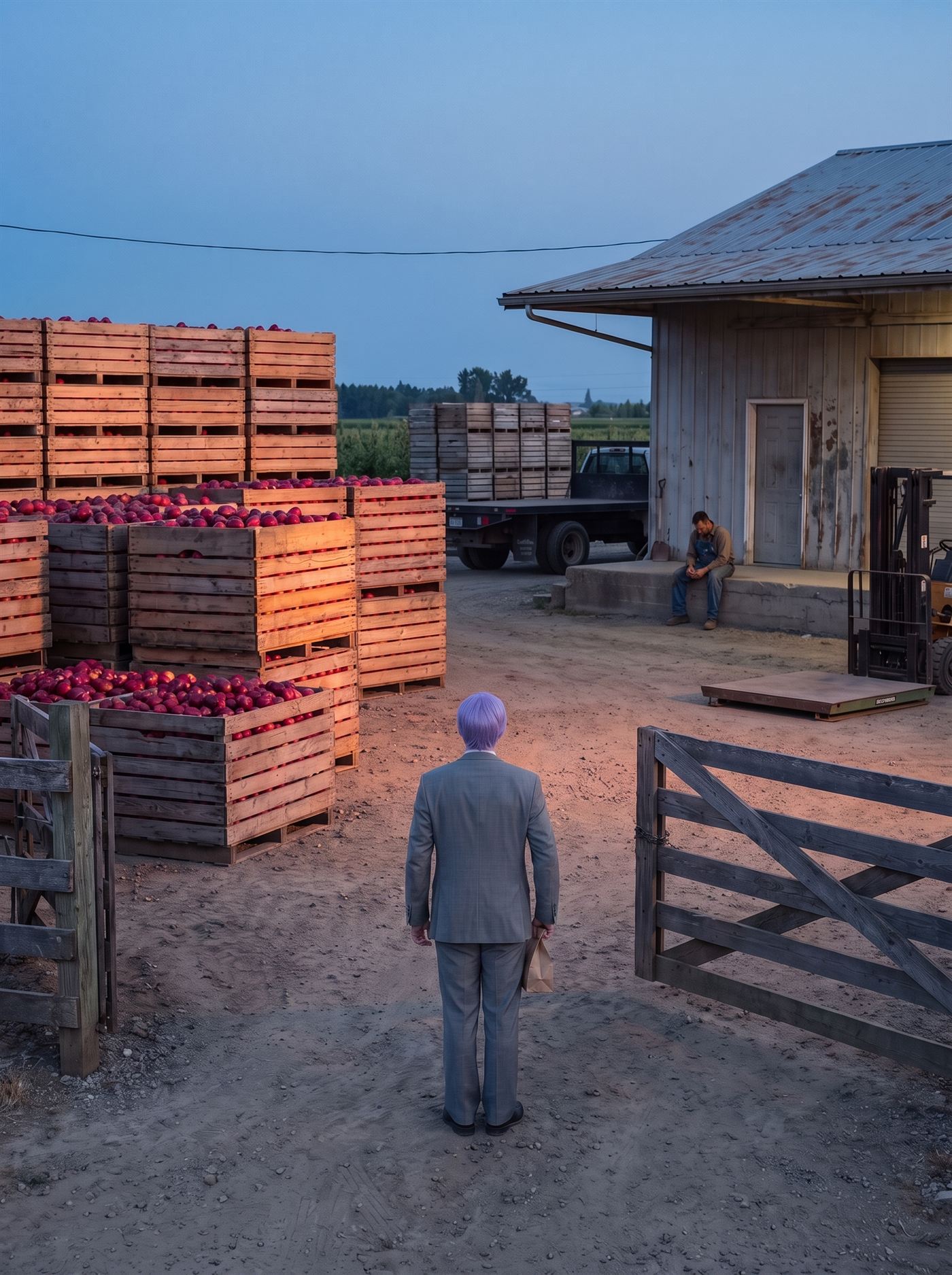 A photograph of the loading yard of a fruit farm at dusk in early June 2026, at the end of an impossibly good harvest. Wooden field crates heaped with ripe red fruit are stacked in towers far higher than a person, wall upon wall of them, receding back into the yard — far more than anyone came to buy. The fruit is flawless, deep saturated red and unbruised, glowing in the last warm light; it is the only strong colour in a yard of grey timber and dust. A flatbed truck stands loaded and shut, going nowhere, and the forklift is parked and switched off. On the concrete step of the packing shed a grower in work clothes sits with his forearms on his knees and his hands hanging empty between them, looking at the ground rather than at the fruit. Beside him a weighing platform stands idle. At the open yard gate a good distance behind him, small in the frame and seen from behind, stands a man in a grey suit a half size too big, lavender hair, holding a small brown paper bag at the front of his waist, looking at the towers of crates. Neither man knows the other is there. The sky above the sheds is a deep bruised blue.