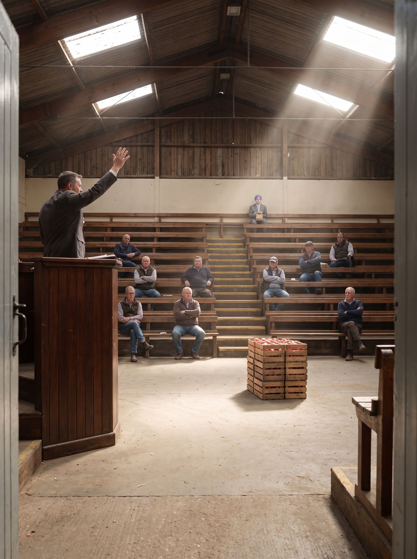 A photograph of the inside of an old country produce auction hall on a bright morning in the second week of June 2026. A high timber roof with dusty skylights lets down long hard shafts of sunlight across a worn concrete floor. At the front stands a raised auctioneer's rostrum of dark wood; the auctioneer is mid-call, mouth open, one arm raised high with his hand open above his head, holding the moment. In the selling ring below him sits a single lot — one modest stack of field crates of red fruit, small and alone on a wide empty floor. Facing the rostrum are steeply banked wooden benches that could hold two hundred people; about a dozen buyers are scattered across them, sitting far apart, and not one of them has a hand raised. Arms are folded; one man is looking at his boots. At the very back of the empty upper benches sits a man in a grey suit a half size too big, small in the frame and seen from behind, lavender hair, holding a small brown paper bag on his lap, facing down toward the ring. The auctioneer's raised hand is the only lifted hand in the building. Nobody is looking at the man at the back.