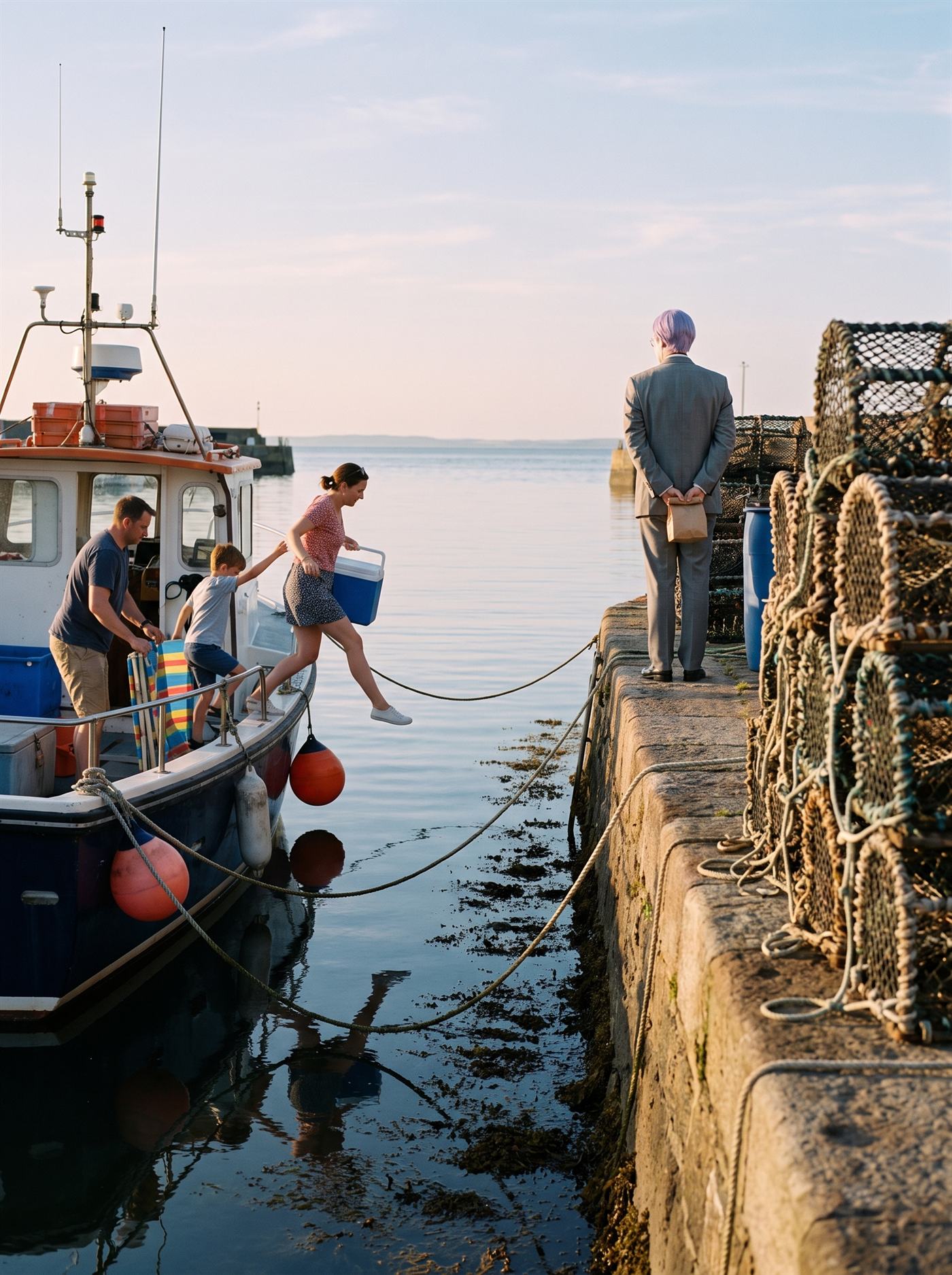 A photograph of a small working harbour on a warm, windless evening at the top of the tide. The stone quay runs away from the camera along the right of the frame and the moored fishing boats on the left sit so high on the water that their decks are almost level with it. A family is crossing straight from the quay onto a boat: a woman mid-step carrying a cool-box, a man already on the deck reaching to steady her, a child in the well of the boat. Stacks of lobster creels stand along the quay. The water is dead flat and holds the whole pale evening sky, with the hulls doubled in it, and a dark band of weed marks the wall just at the surface. Standing further along the quay, small in the frame and seen from directly behind, is a man in an off-the-rack mid-grey suit with tidy lavender side-parted hair, his hands clasped behind his back holding a small brown paper bag. He is facing out over the flat water. Nobody is looking at him.