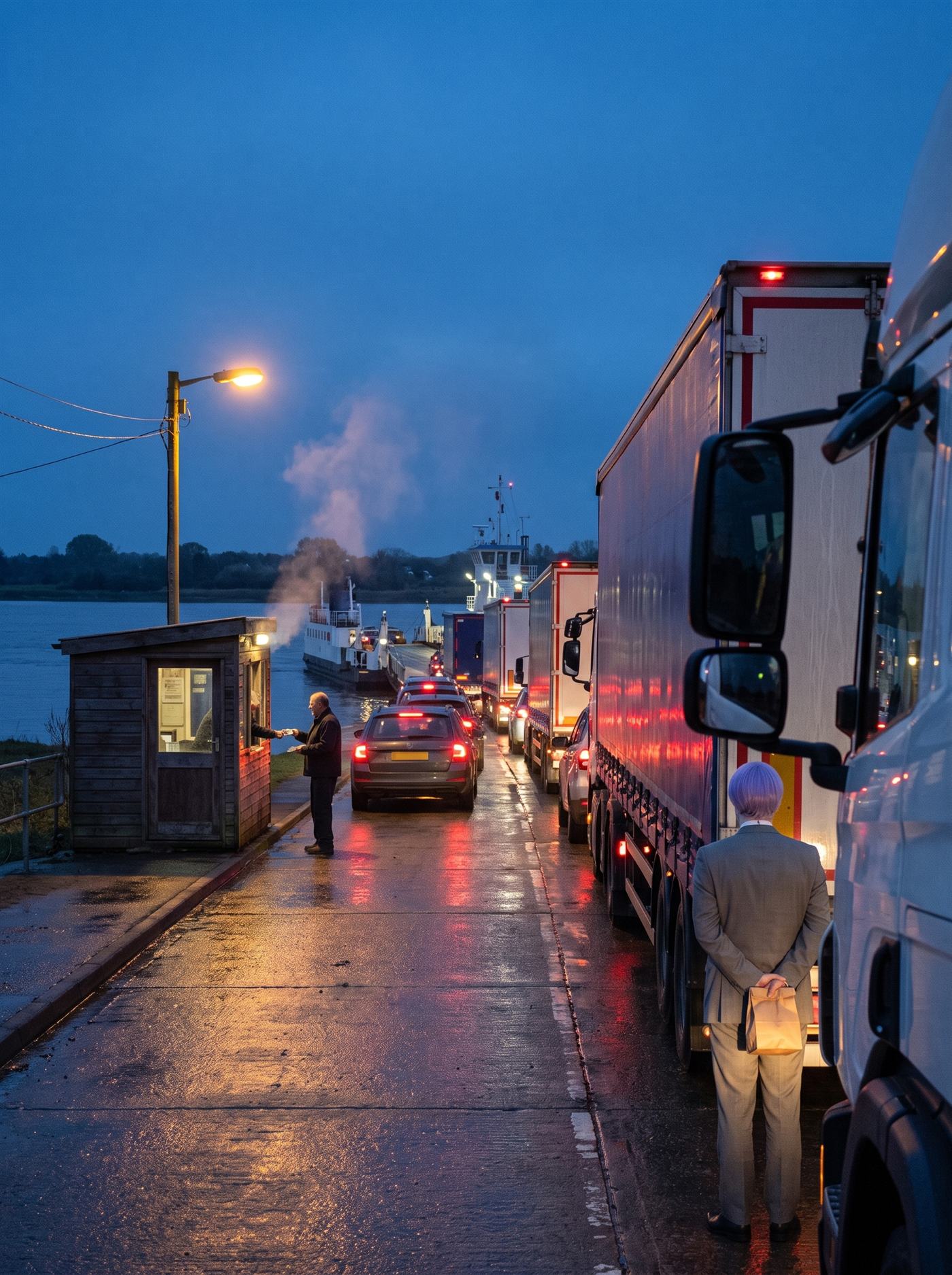 A photograph of a river crossing at dusk in the blue hour, taken from among the queue. Two lines of lorries and vans stand nose to tail on a wet concrete slipway, their tail lights and orange marker lights burning red and amber down both sides of the frame and reflecting in the standing water. At the head of the ramp a small wooden toll booth glows from inside, with a figure at its window and another figure standing at it. Out on the dark water beyond, a ferry is coming in, a column of exhaust rising from it. A single sodium street lamp on a bracket is the one warm light above the queue. Standing on foot on the wet concrete between the vehicles, small in the frame and seen from directly behind, is a man in an off-the-rack mid-grey suit with tidy lavender side-parted hair, his hands clasped behind his back holding a small brown paper bag. He is facing the booth. Nobody is looking at him.