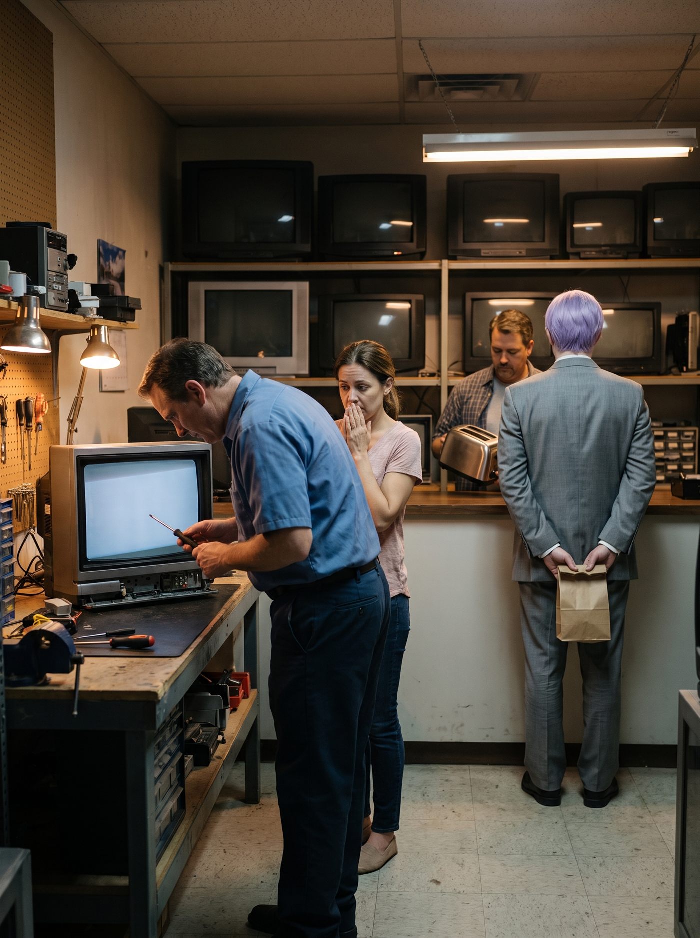 A photograph of the back room of a small electrical repair shop, lit by a fluorescent tube. On the workbench at the left an old television set stands open with its back panel off and its innards exposed, and it has just come on: the screen is throwing flat grey-blue light out across the bench and the tools. A repairman in a blue shirt is still bent over it with a tool in his hand, not yet straightened up. Behind him a woman has both hands together at her mouth, and a second man stands beside her watching the screen. The whole back wall is deep shelving stacked with a dozen other television sets, all of them dark. Standing at the end of the counter on the right, seen from directly behind and partly blocked by the corner of the bench, is a man in an off-the-rack mid-grey suit with tidy lavender side-parted hair, his hands clasped behind his back holding a small brown paper bag. He is facing the lit screen. Nobody is looking at him.