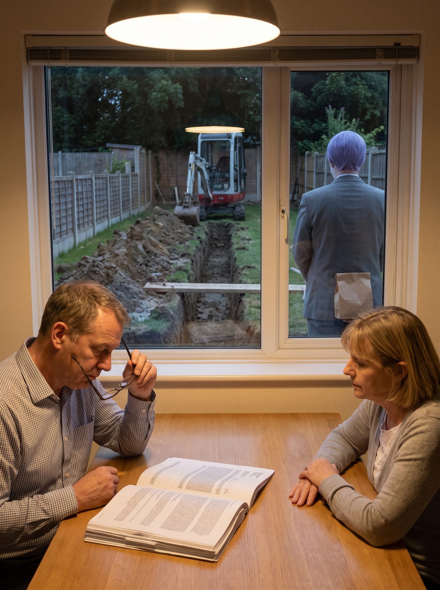 A photograph of a suburban kitchen in the evening, lit by a single ceiling light. A man sits at a wooden table on the left with a thick document open in front of him, holding his glasses folded against his mouth, looking down at the page. A woman sits across the corner of the table on the right, turned toward him, waiting. Neither has spoken. Behind them a large window looks out on the back garden, where a long raw trench has been dug across the lawn with the clay heaped beside it and a small mechanical digger parked at the end with its arm folded down for the night. Outside beyond the glass, standing at the edge of the frame and cut by the window frame, is a man in an off-the-rack mid-grey suit with tidy lavender side-parted hair, seen from directly behind, a small brown paper bag held at his side. He is facing the trench. Nobody in the kitchen is looking at him.