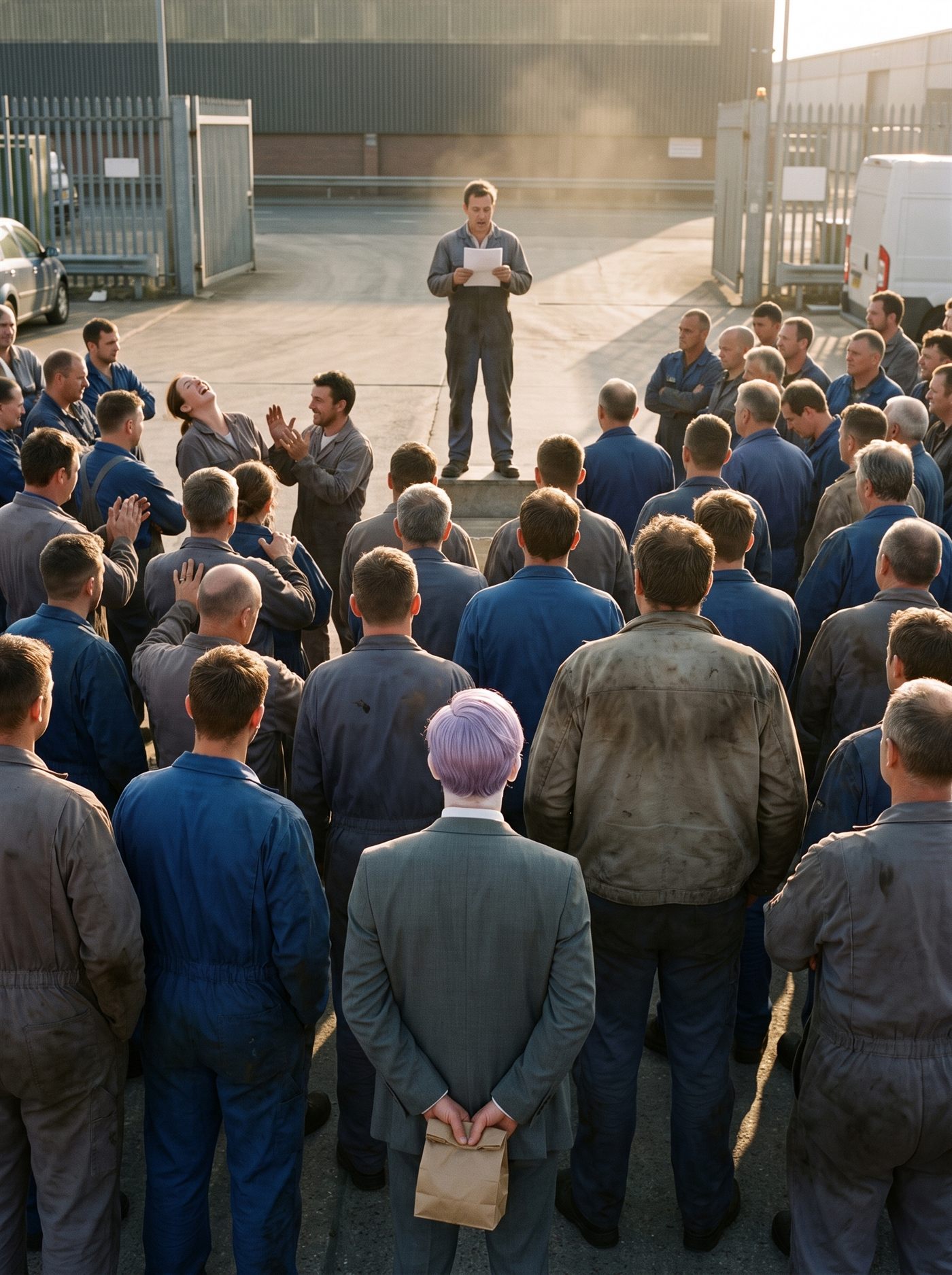 A photograph taken from inside a crowd in a works yard at the end of an afternoon shift, the low sun raking across from the right and throwing long shadows over the concrete. Most of the frame is the backs of a hundred people in blue and grey overalls, all facing away from the camera toward the far side of the yard, where one man stands alone on a low concrete step reading aloud from a single sheet of paper held in both hands. He has not finished. Over on the left, near the front, a woman with red hair has thrown her head back laughing and the man beside her is clapping; the rest of the crowd is still and quiet. Behind the speaker are palisade fencing, an industrial shed, and a white van. In the middle of the crowd, close to the camera and seen from directly behind, is a man in an off-the-rack mid-grey suit among all the overalls, with tidy lavender side-parted hair, his hands clasped behind his back holding a small brown paper bag. His head is tilted slightly up toward the man on the step. Nobody is looking at him.