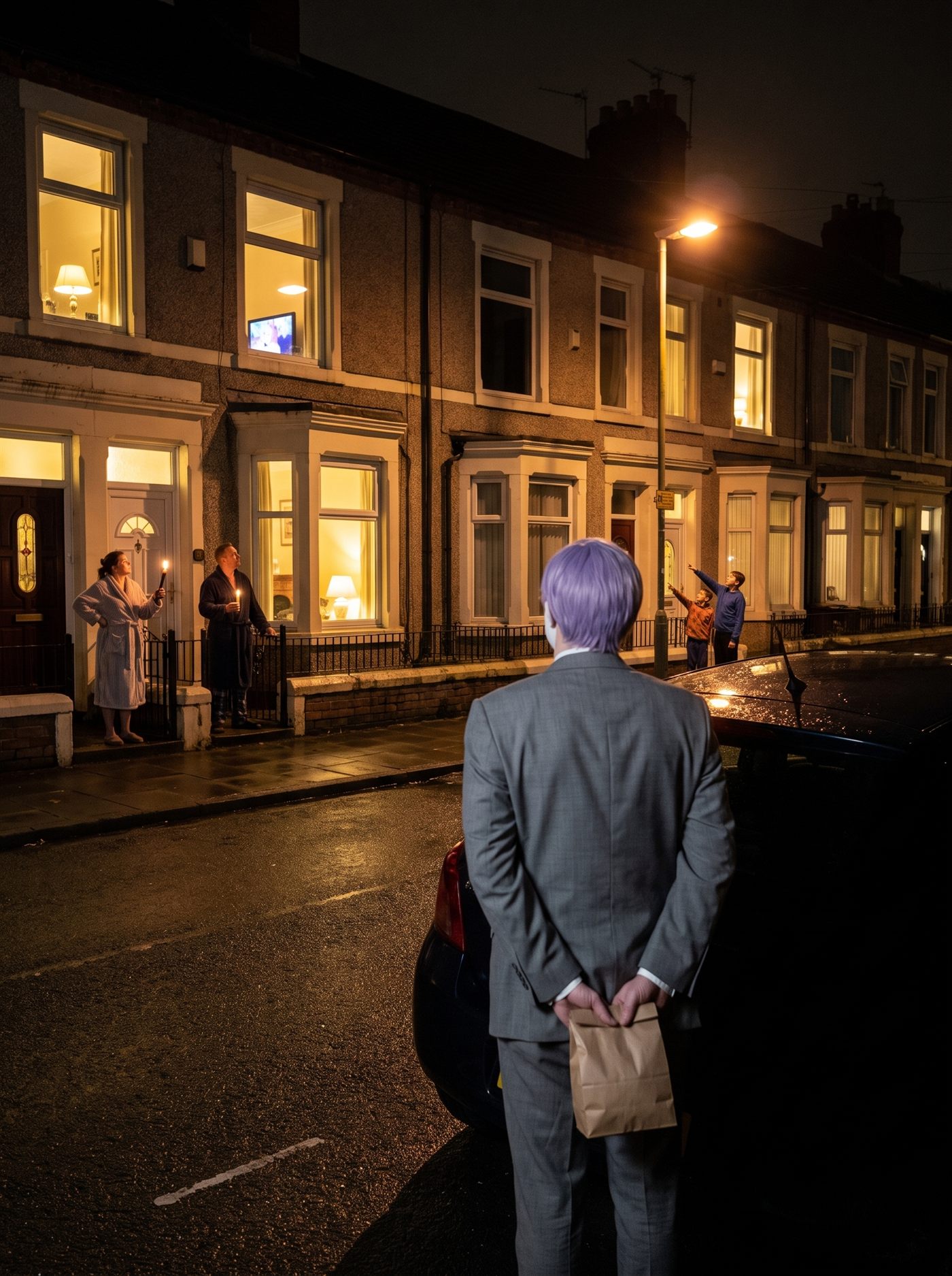 A photograph of a terraced street at night in the first seconds after a long power cut has ended, the road still wet and holding the light. Along the left-hand terrace every window is suddenly lit warm yellow, one of them with a television flickering back on behind the curtains, and a street lamp part-way down the row is glowing a dull deep orange as it warms up. Front doors stand open and people are out on their steps in dressing gowns, one holding a candle, another holding a lit torch, looking up and along the street. Further down the row on the right the houses are still dark. Standing in the middle of the wet road, seen from directly behind and small against the length of the terrace, is a man in an off-the-rack mid-grey suit with tidy lavender side-parted hair, his hands clasped behind his back holding a small brown paper bag. He is facing the dark end of the street while everyone else faces the light. Nobody is looking at him.