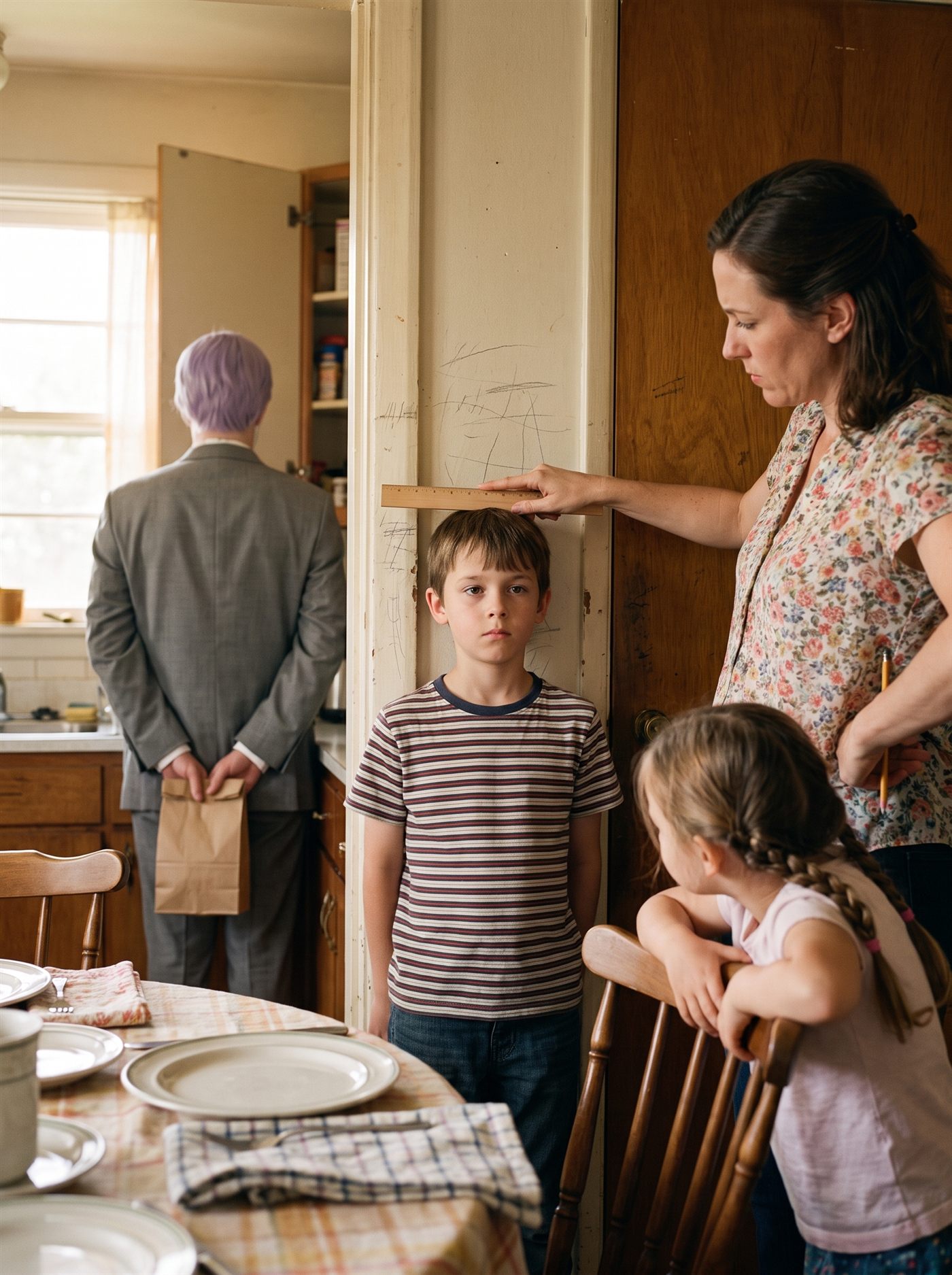 A photograph of a family kitchen in low afternoon light. In the middle of the frame a boy of about nine in a striped t-shirt stands with his back hard against the edge of a doorframe, heels together, chin lifted, holding his breath. His mother stands beside him laying a flat wooden ruler across the top of his head, her other hand on her hip, looking down at where it meets the frame. She has not made the mark yet. The doorframe beside them carries faint pencil scratches at several heights, none of them legible. A younger girl leans on the back of a chair at the right, waiting her turn. In the foreground a kitchen table with plates on it. Standing over at the left by the window, seen from directly behind, is a man in an off-the-rack mid-grey suit with tidy lavender side-parted hair, his hands clasped behind his back holding a small brown paper bag. He is facing the doorframe. Nobody is looking at him.