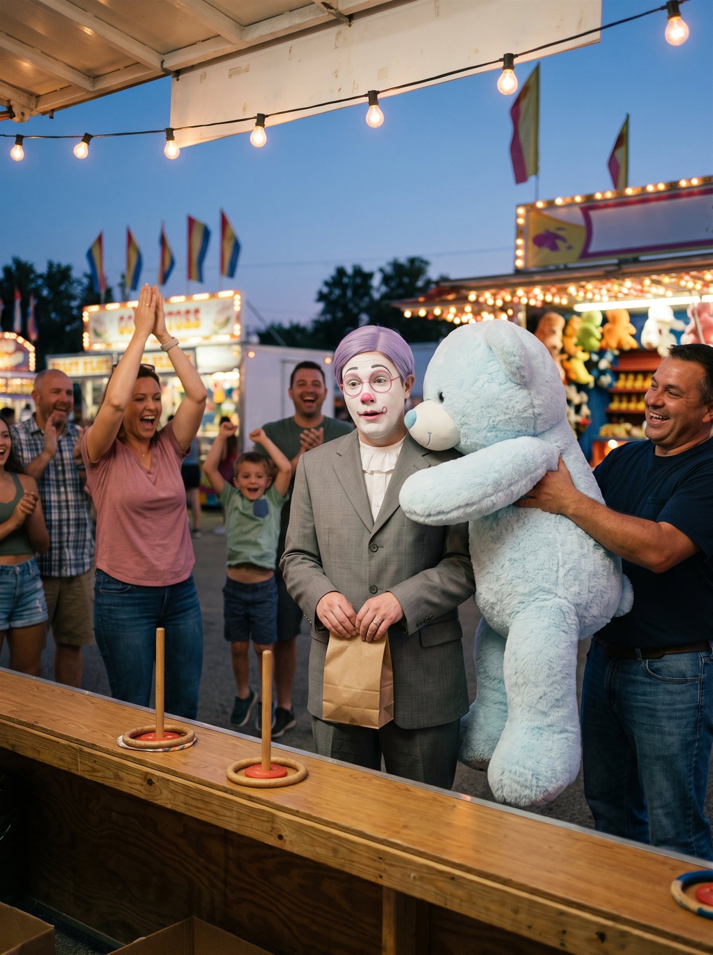 A photograph of a small-town carnival midway at dusk, string lights glowing against the last blue of the sky. At a ring-toss booth, a delighted attendant presses an enormous pale-blue plush bear into the arms of a man in full clown makeup — white face, rose-pink painted spectacle rings, lavender side-parted hair, a grey suit a half size too big — who looks politely stunned, a small brown paper bag still held closed in both hands at his waist. Around him a crowd has turned to cheer: a woman clapping with her hands above her head, a boy mid-jump, men laughing. On the plywood counter, the winning ring sits on the peg. For once, everyone has seen him.