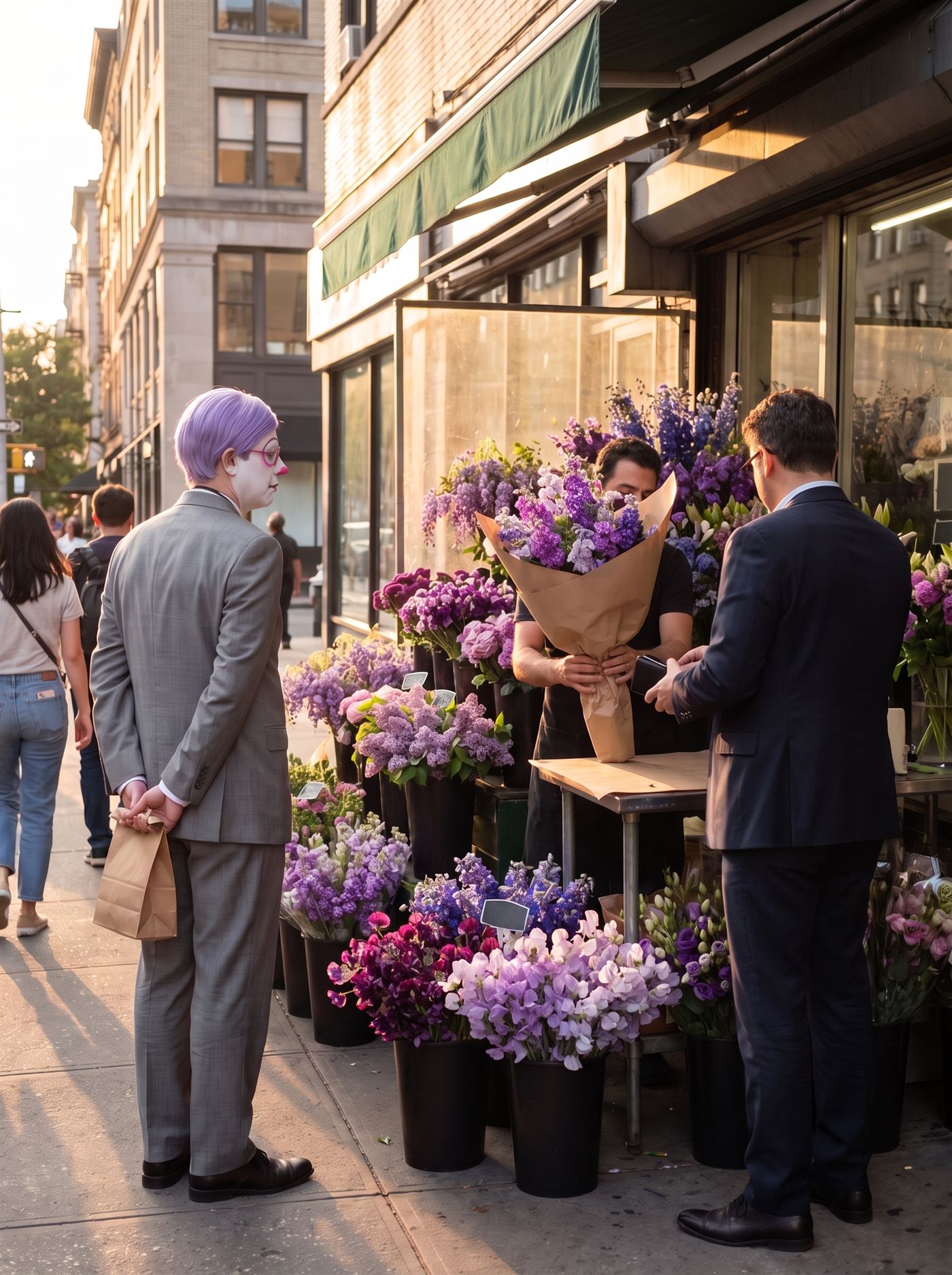A photograph of a sidewalk florist stall at golden hour on a Friday evening, buckets spilling over with purple flowers — wisteria, lilac, delphinium — glowing against warm low light. At the center the florist wraps a large celebratory bouquet in plain paper for a customer in a sharp suit, wallet already out. To one side, at a polite distance, seen in three-quarter from behind, stands a man in full clown makeup and a grey suit a half size too big — tidy lavender side-parted hair — perfectly still, watching the bouquet being wrapped, his hands clasped behind his back holding a small brown paper bag closed behind him. He is not in line. He is not buying. Evening foot traffic passes; nobody is looking at him.