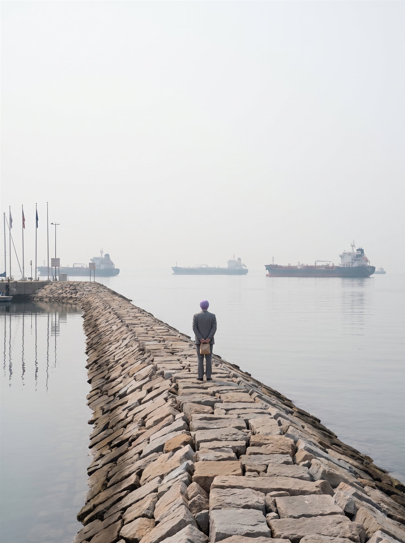 A photograph of a small harbor on a windless August morning: a long stone breakwater runs straight out from a flag pier into a sea of absolute glass, and far out along its spine, small in the frame, a man in a grey suit stands with his back to the camera in full clown makeup — tidy lavender side-parted hair — hands clasped behind him around a small brown paper bag. Out on the hazy horizon a loose line of tanker ships sits motionless at anchor, holding offshore. The flags on the pier hang nearly limp. Nothing in the photograph is moving. Taken the day the index closed six hundredths of a percent from flat while the Strait stayed shut and oil jumped five percent.