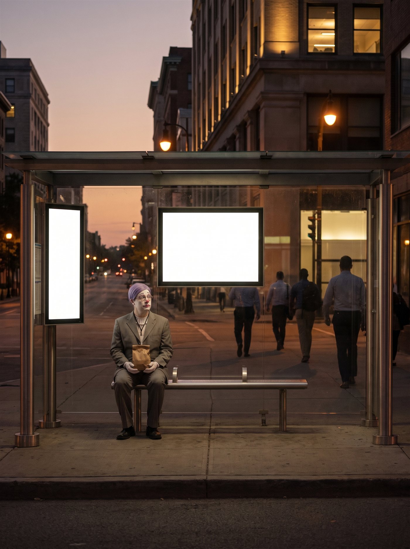A photograph of a bus shelter on a city corner at deep dusk, shot square-on from across the street: both of the shelter’s backlit panels glow pure blank white, and between them, small on the metal bench, sits a man in full clown makeup — white base, painted rose spectacle rings, glossy pink nose, tidy lavender hair, a grey suit with a blank badge on a lanyard — upright and patient, a small brown paper bag held on his lap in both hands, his face turned to look down the long empty street. Beyond the glass, commuters walk home in the failing light, their faces already hard to make out. No bus is coming tonight. Taken the day the market opened at its high and spent six and a half hours backing away from it, waiting for the morning’s inflation number.