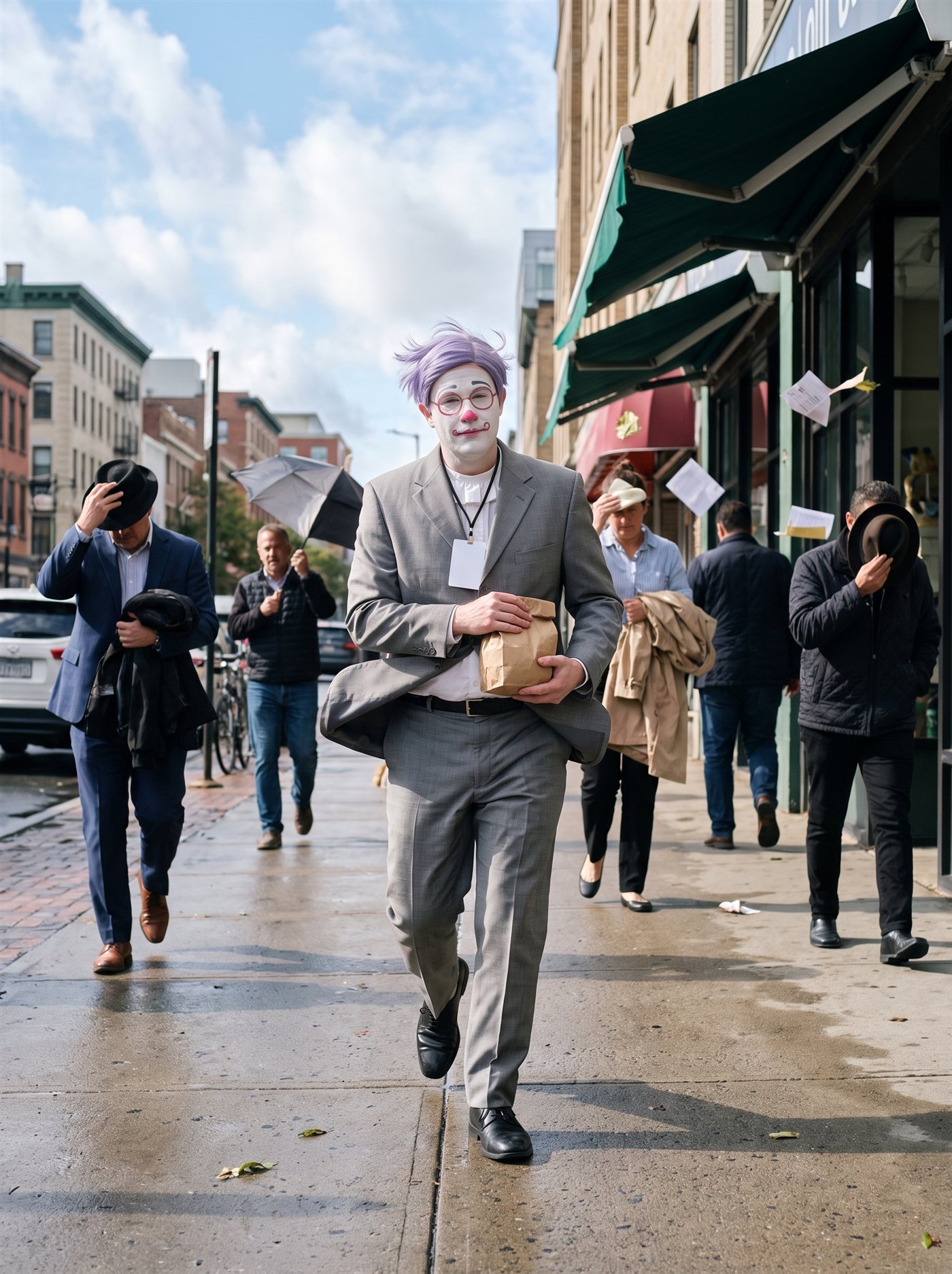 A photograph taken on a city sidewalk the morning a cool front arrived exactly on schedule: washed blue sky after overnight rain, wet pavement, and a gusty wind blowing through everything — a man in full clown makeup walks toward the camera mid-stride, lavender wig blown wild, oversized grey jacket flying open, a small brown paper bag gripped firmly closed in both hands, the one thing in the frame the wind cannot have. Around him commuters clamp hats to their heads and an umbrella inverts; blank papers skitter past the awnings. His painted brows are up and his eyes are narrowed into the gust. Taken the day July CPI came in at 3.4 percent, exactly as forecast, and the index kept the change.
