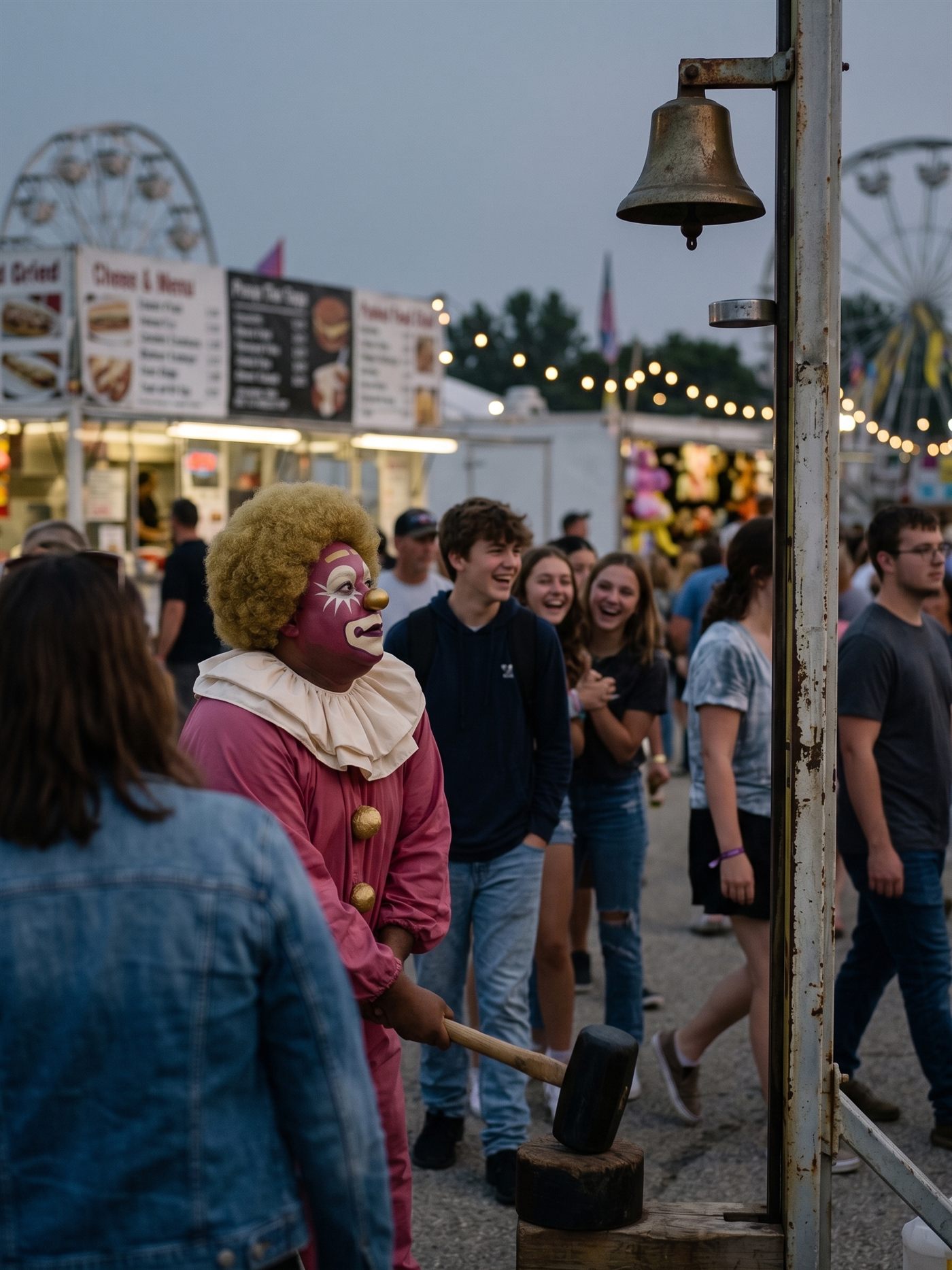 A candid photograph at a county fair at dusk: a heavyset clown in rose-magenta greasepaint, a huge gold afro, a cream ruffled collar and a pink costume with gold pompoms stands at the high-striker strength game, gazing up at an old bronze bell at the top of the rusted tower, his mallet resting head-down on the pad. A crowd of fairgoers flows past behind him — teenagers laughing among themselves, families heading for the rides — and not one person is looking at him. String lights and two ferris wheels glow in the fading light. Taken August 13, 2026, the day the S&P 500 printed above 7,800 for the first time in its history.