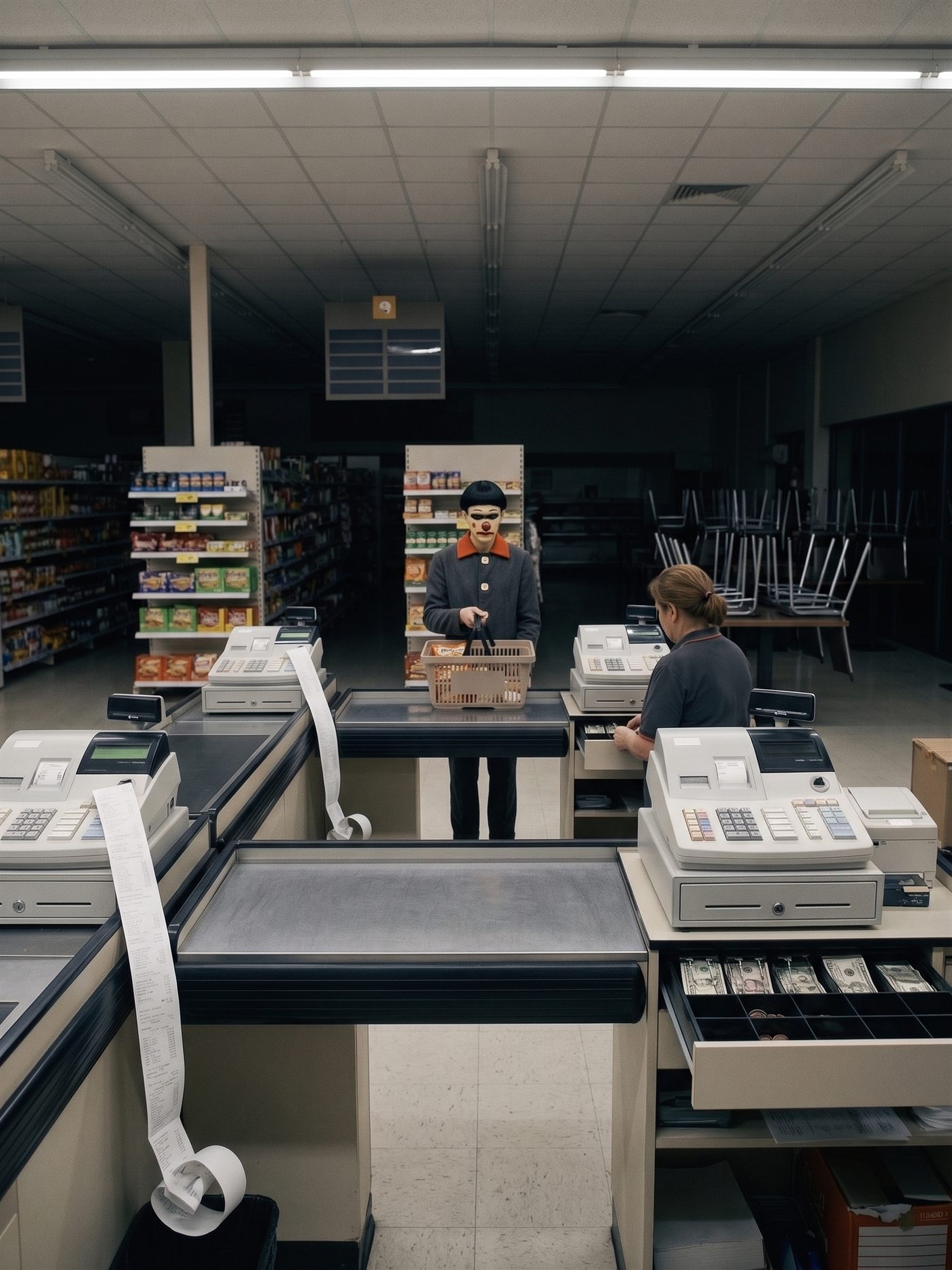 A still, symmetrical photograph of a supermarket a few minutes before closing on a Friday night: a lean clown in warm-ivory greasepaint with a charcoal stroke across his eyes, a vermilion nose, a black bowl-cut wig and a grey wool coat with an orange-red collar stands alone at the last open checkout lane, holding a small basket of instant noodles. The cashier, half-turned away, counts out her open register drawer. The fluorescent aisles behind him are going dark section by section; chairs are stacked on the café tables; a long paper receipt curls off an unattended register all the way to the floor, and nobody has torn it off.