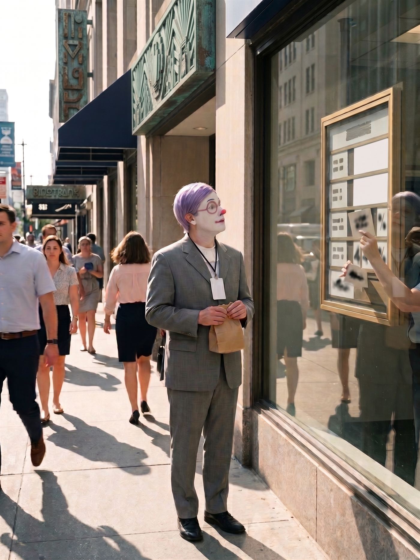 A candid street photograph on a hot August afternoon, 2026: the sidewalk outside a stone bank branch, hard sun and long shadows, the building's signage weathered into unreadable verdigris ornament. In the bank's plate-glass window hangs a gold-framed rates board, its numbers reduced to smudges — the two top cards blank, because a bank employee's arm is reaching into the display mid-motion, still posting the new rates. Stopped on the sidewalk before the glass, a man in his early thirties in full clown makeup — clean white base, flat rose-pink spectacle rings painted around both eyes, glossy pink nose, tidy lavender side-parted hair, a mid-grey suit half a size too big with a blank badge on a lanyard — looks up at the board, reading the offer, a small brown paper bag held closed in both hands at his waist. Commuters in summer business clothes stream past in both directions; not one of them looks at him. He is considering it. He will not take it.
