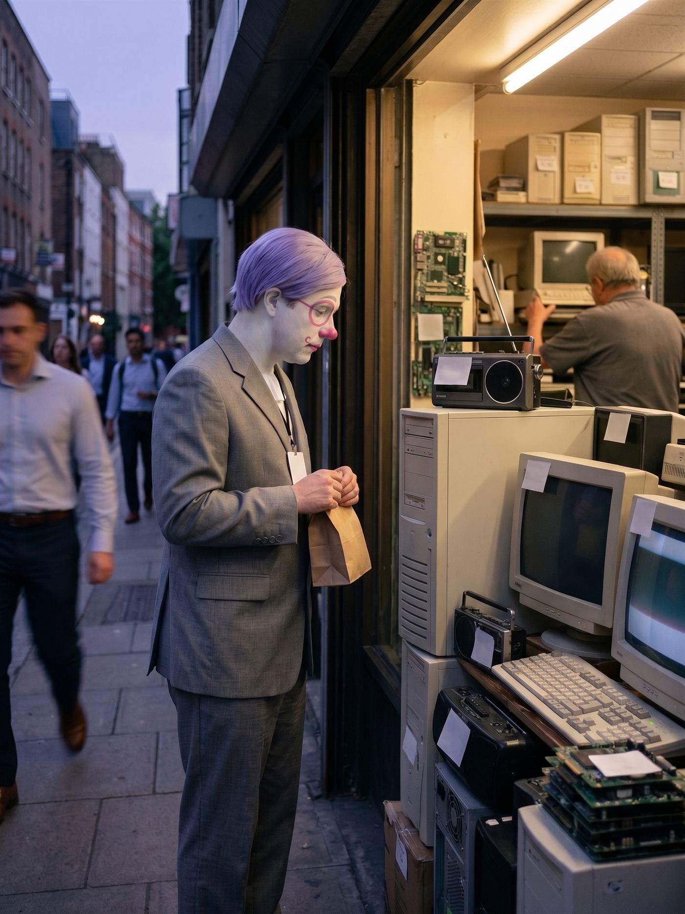 A candid street photograph at the blue hour, August 2026: a narrow city side street, commuters walking home — one blurred with motion — past a small secondhand-electronics shop whose window spills warm tungsten light onto the pavement. The cluttered display is a museum of obsolete machines: beige computer towers, dead CRT monitors, stacked circuit boards, portable radios, a grey keyboard — and every price tag is a blank white slip. A man in his early thirties in full clown makeup — clean white base, flat rose-pink spectacle rings painted around his eyes, a glossy pink nose, a small rose mouth ending in a question-mark curl, tidy lavender side-parted hair, a grey suit half a size too big with a blank badge on a lanyard — stands at the glass with his head bowed, a small brown paper bag held closed in both hands. He might be reading the tag on the old machine; he might be looking at the bag; from across the street you cannot tell. Inside, the shopkeeper is turned away, shelving something. Nobody looks at him. Taken the day the market repriced the newest machines, while he priced the oldest ones.