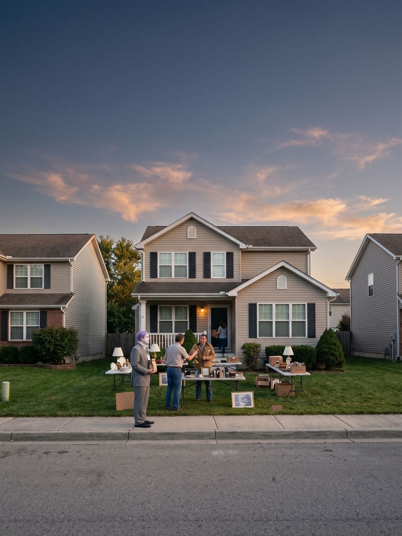 A wide photograph of a suburban front yard at the end of a warm August day, 2026 — the golden hour going blue, sunset clouds over the rooflines, the porch light just on. A yard sale is running in reverse: at the folding table the homeowner presses bills into the hand of a bemused buyer while taking back his own brass lamp; behind them a woman carries a box back up the porch steps into the house; tables of lamps, dishes, books, and framed pictures wait with blank price stickers, and a blank cardboard sign lies on the lawn. At the yard's edge, small on the sidewalk, stands a man in full clown makeup — clean white base, painted rose spectacle rings, glossy pink nose, tidy lavender side-parted hair, a grey suit over a white ruffled collar with a blank badge — paused mid-walk, a small brown paper bag held closed in both hands, watching a family quietly buy back what it had priced to sell. Taken the day the seller of forty trillion dollars of paper turned buyer of its own.
