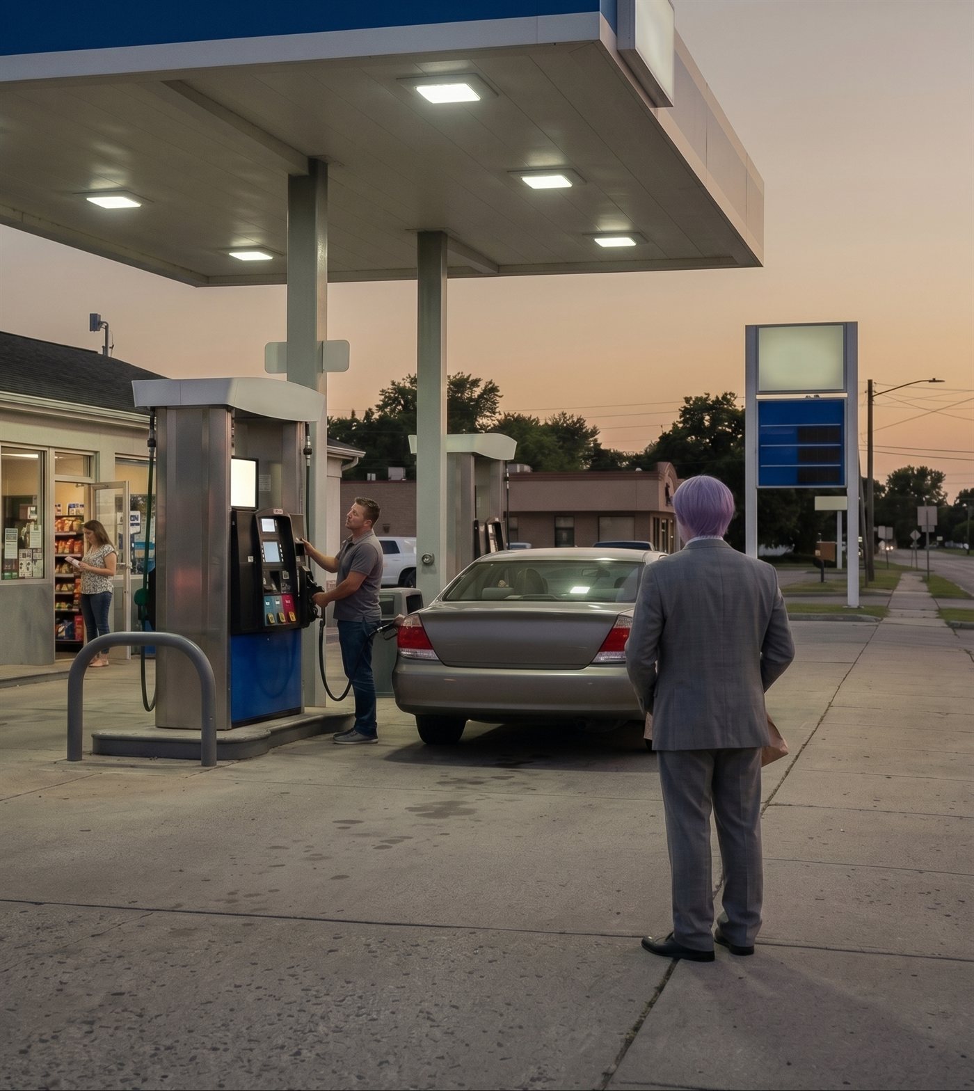 A photograph of a self-serve gas station on an ordinary American commercial strip at dusk, August 2026 — the sky going amber-grey, the canopy fluorescents just on, every sign and pump display a blank glowing panel. At the near pump a man stands at his gold sedan, one hand at the pump's keypad, looking up at the climbing display; the nozzle is in the tank and the sedan's trunk is clean, unbadged chrome. In the lit doorway of the minimart a woman pauses over something in her hands. At the far edge of the forecourt, where the concrete meets the sidewalk, stands a man in full clown makeup, seen from behind at mid-distance — tidy lavender side-parted hair, an off-the-rack grey suit a half size too big — both arms hanging forward, a small brown paper bag held closed in both hands in front of his waist, its corner just visible past his hip. He is watching the man at the pump. Nobody is watching him. Taken the day the biggest retailer on earth said its customers make trade-offs when gas gets above four dollars.