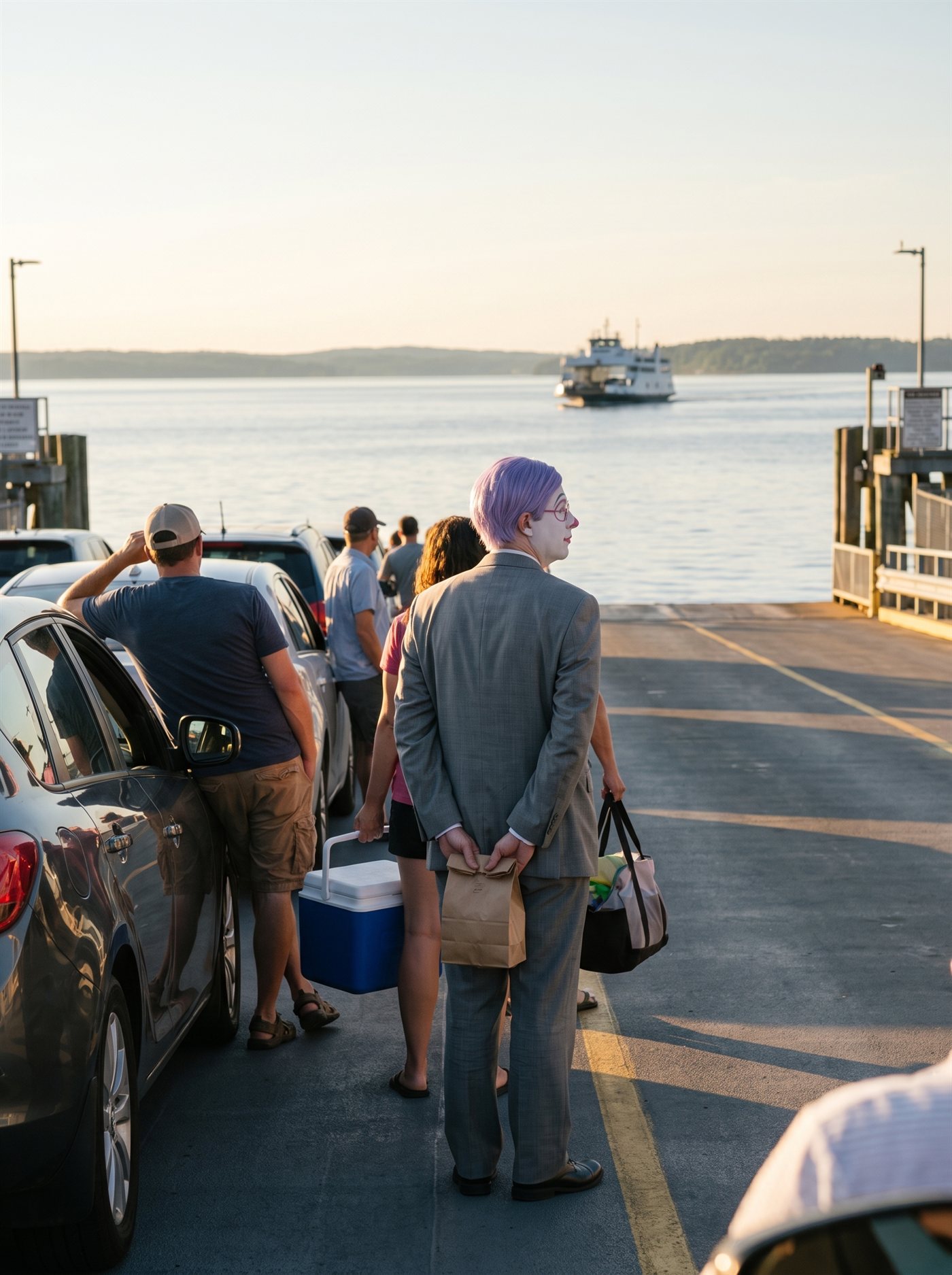 A photograph of a small ferry landing on wide calm water at golden hour, late August 2026. A queue of cars waits on the ramp with engines off; their drivers lean against doors and hoods, faces turned toward the water. In the walk-on line at the edge of the ramp, among foot passengers with coolers and tote bags, stands a man in full clown makeup, seen from behind in three-quarter: tidy lavender side-parted hair, white face, a grey suit a half size too big, his hands clasped behind his back holding a small brown paper bag closed. Far out, small on the bright water, the ferry is an approaching shape. Nobody is impatient. It is simply not here yet.
