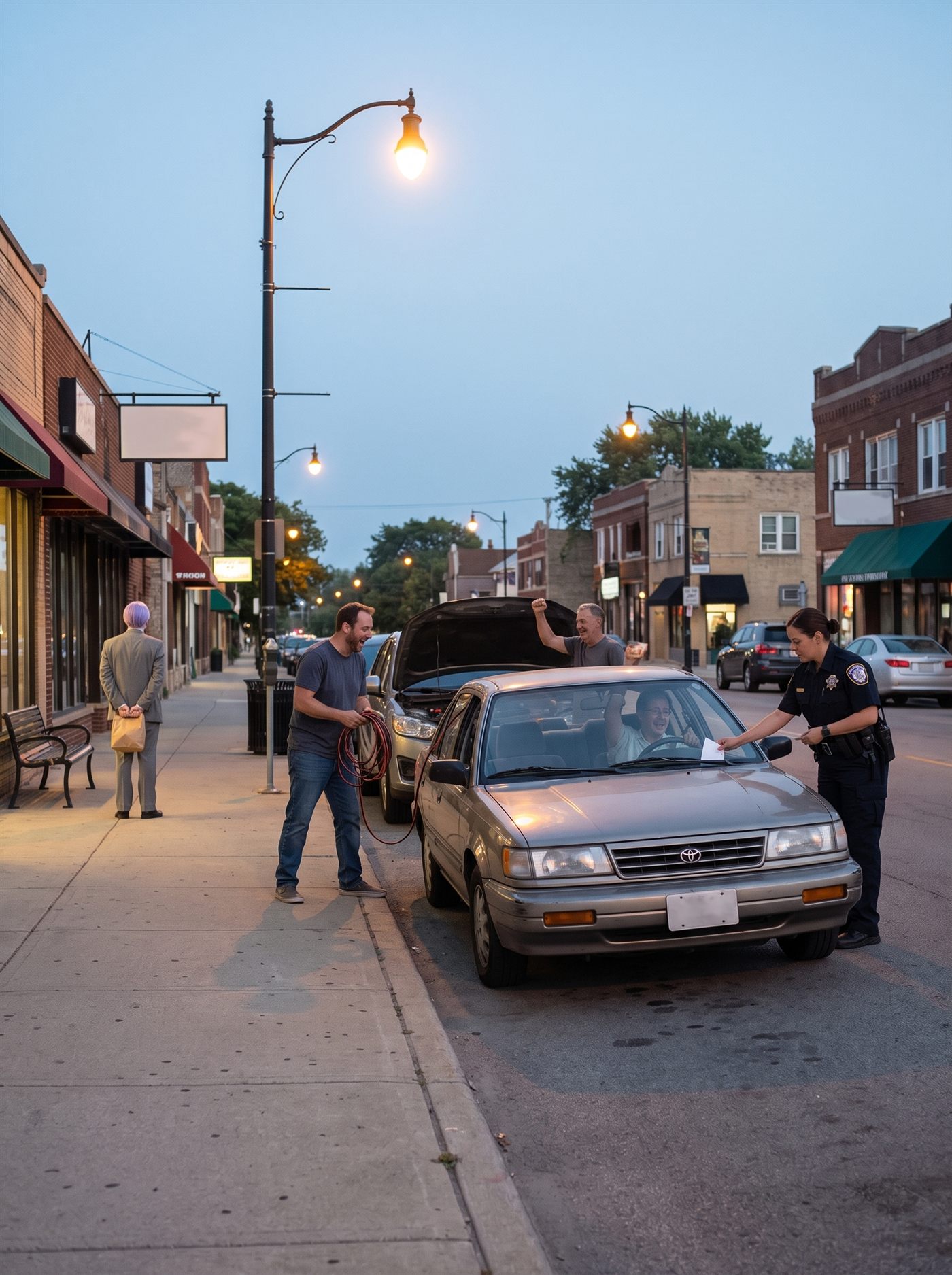 A candid photograph of a small commercial street at dusk, one sodium streetlight just lit against a deep blue sky. At the curb, a roadside drama: an old sedan has just been jump-started — the helper car's hood still up behind it, a man coiling red jumper cables and laughing, an older man raising a fist in celebration — and the driver, arm out the window, fist up, is facing his friends. At the same moment, at the windshield, a parking-enforcement officer is tucking a slip of paper under the wiper blade. Nobody in the celebration has seen her yet. Far up the sidewalk, small and easy to miss, a man in a grey suit and full clown makeup — lavender side-parted hair, white face — stands with his hands clasped behind his back holding a small brown paper bag, watching.