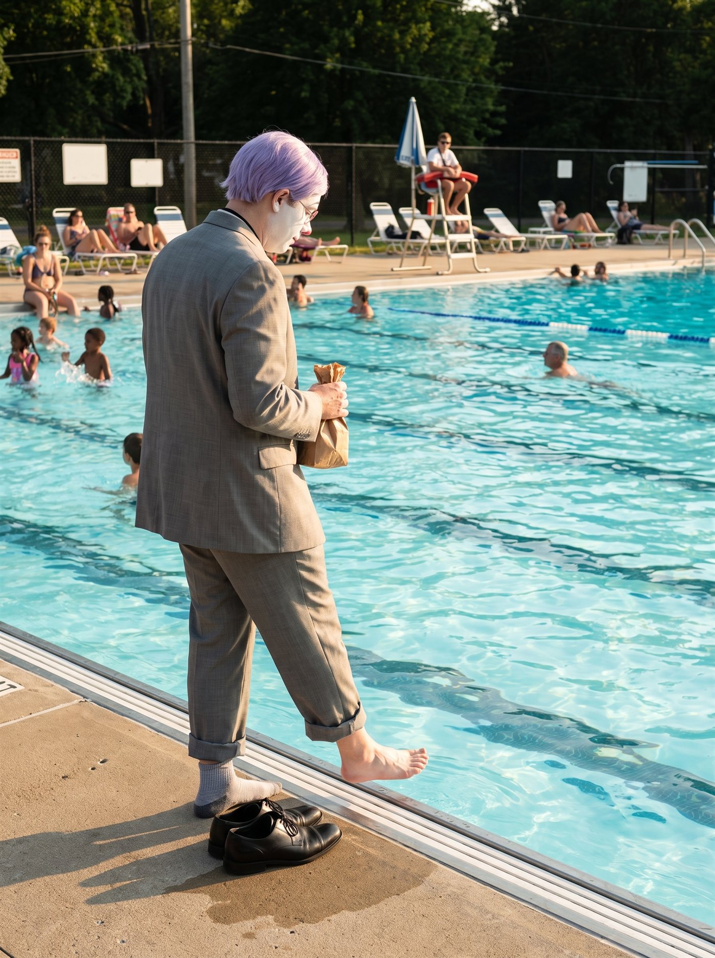 A photograph of a municipal outdoor pool on a warm evening in late August 2026, the water bright aqua, the light low and golden. Swimmers mid-lap, kids splashing, sunbathers on deck chairs, a lifeguard in the chair. At the near edge stands a man in full clown makeup and a grey suit a half size too big — tidy lavender side-parted hair, white face, painted rose spectacle rings — one shoe and sock off, that trouser leg cuffed, his bare foot extended over the water with the toes just above the surface, his head bowed to watch. His other foot still wears its sock. Both hands hold a small brown paper bag closed in front of his waist; his black shoes sit together on the wet deck beside him. He is not getting in. He is only testing it. Not one person is looking at him.