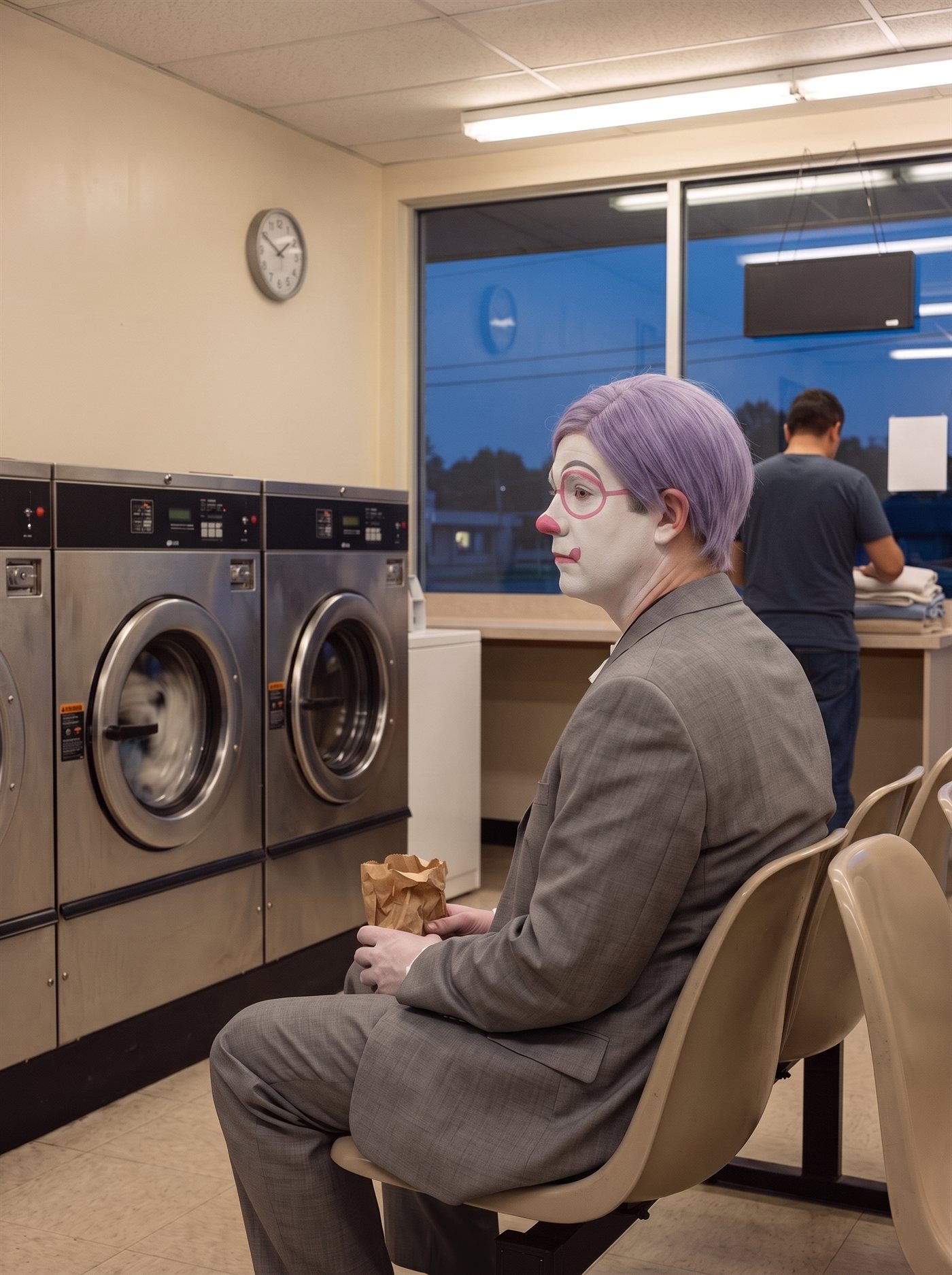 A photograph of a small laundromat at blue dusk in late August 2026, warm fluorescent light inside, deep blue evening in the plate-glass windows. A row of steel front-loading washing machines, their porthole doors dark — except one, mid-cycle, the drum a soft blur behind the glass. On a beige molded plastic chair facing the machines sits a man in full clown makeup and a grey suit a half size too big — tidy lavender side-parted hair, white face, painted rose spectacle rings — perfectly still, shoulders a little forward, watching the spinning drum. Both hands hold a small brown paper bag closed on his lap. He has no basket, no detergent, nothing of his in the machine. At the far end of the room another customer folds laundry with their back to him. A plain round clock hangs on the wall. Nobody is looking at him.