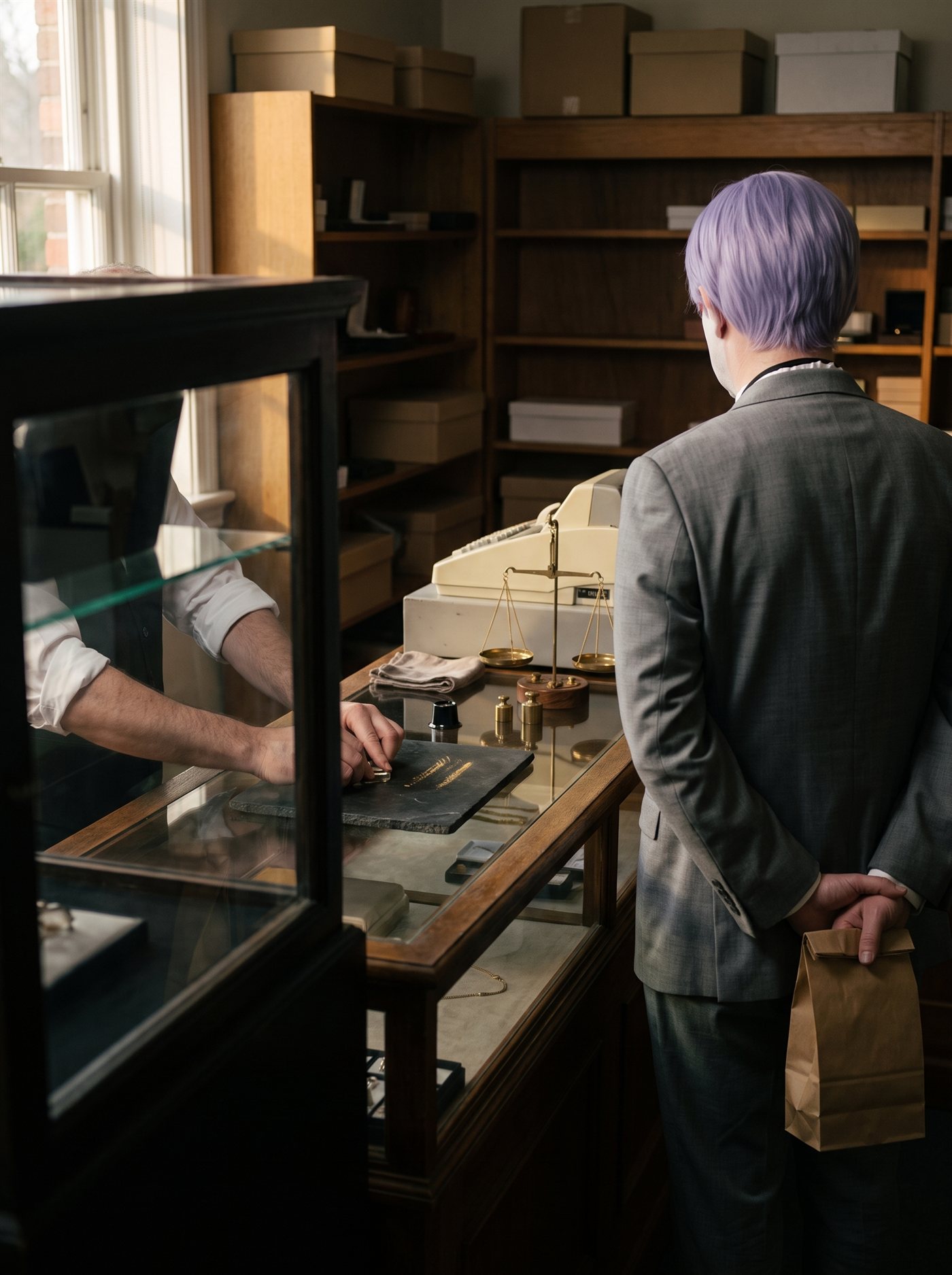 A photograph taken from just inside the door of a small old jeweller's and gold-buyer's shop, late on a summer afternoon. Low warm daylight comes in sideways through the front window and lies in a band across a glass-topped wooden counter. On the counter a flat rectangular black slate touchstone rests on the glass, and several short bright streaks of gold have been rubbed onto its face in a row, each a slightly different shade. A jeweller's loupe lies on its side beside it; further along there is a small brass balance scale, a folded grey cloth, and an old cream cash register. Behind the counter a shopkeeper leans in, visible only as arms in a rolled white shirtsleeve, his head cropped out of frame by the top edge, holding a small dull metal object against the slate mid-stroke. To the right, on the customer's side, a man in full clown makeup and a grey suit a half size too big stands at the counter, seen entirely from behind, his head level and still, watching the hands work. His hands are clasped behind his back, both holding a small brown paper bag closed. He has brought nothing to the counter. The dark out-of-focus corner of a tall display case blocks the lower left of the frame.