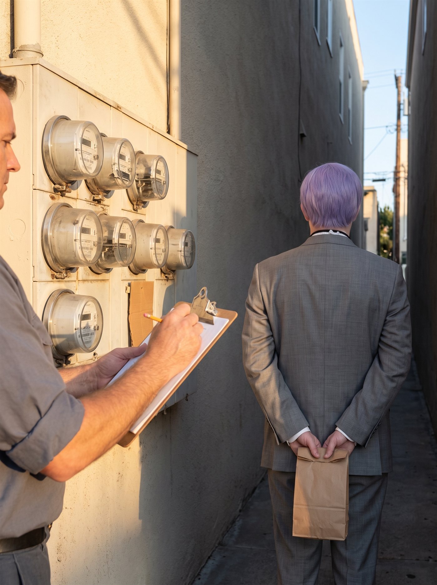 A photograph taken in the narrow service alley behind a row of small buildings, late on the last afternoon of August. The low sun lies along the left-hand wall in warm light while the right side of the alley stands in cool grey shadow; the far end opens out bright, with power lines and a tree against a pale evening sky. Fixed to the lit wall is a cream metal panel carrying a bank of old domed electricity meters in three rows — eight of them visible, each a squat metal housing under a rounded glass dome with a small plain dial inside, weathered and rust-streaked at the bolts. A grey conduit runs up the wall beside them and a scrap of flattened cardboard is tucked in below. On the left, close to the wall and cut by the edge of the frame, a meter reader in a rolled-up grey work shirt stands in profile, head bent to his work: he holds a hinged wooden clipboard against his forearm and is writing on the plain sheet clipped to it with a short yellow pencil. In the centre-right of the frame, a few feet further down the alley, a man in a grey suit a half size too big stands seen squarely from behind, his head level and still, watching the reading being taken. His lavender hair is cut short above a white ruffled collar with a black lanyard at his neck. His hands are clasped behind his back, both of them holding a small brown paper bag closed. He has nothing to do with the meters.