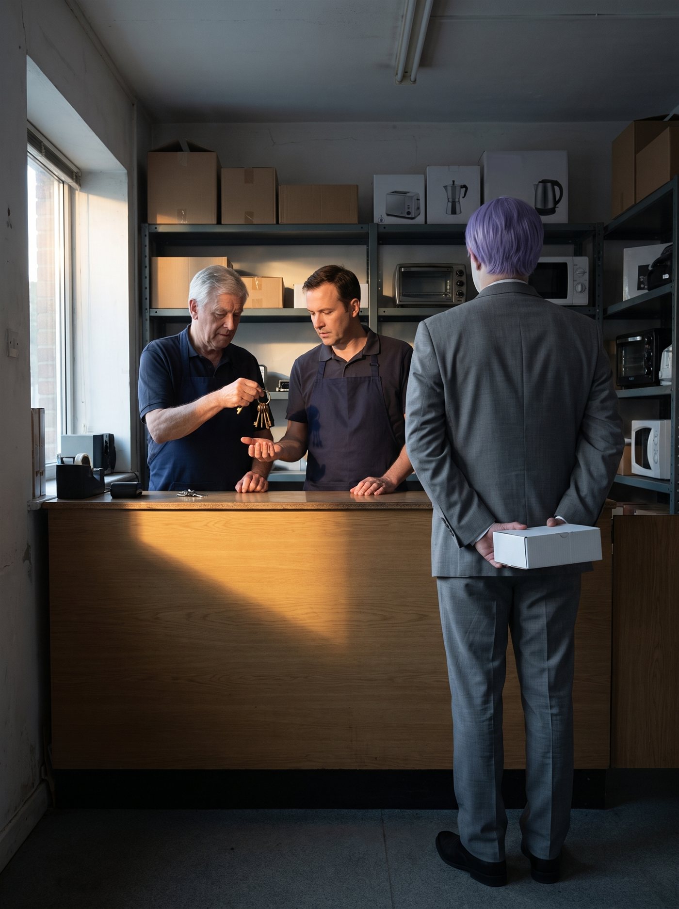 A photograph taken inside a small, plain repair shop at opening time on the first morning of September. Low sun comes in through a window on the left and lies in one warm diagonal band across a wooden counter and the two men behind it; the rest of the room, with its grey metal shelves of cardboard boxes and boxed kettles and toasters and a few small appliances, is in cool shade. Behind the counter an older grey-haired man in a dark polo shirt and navy apron holds out a ring of four worn brass keys over the counter, looking down at them; beside him a younger dark-haired man in the same navy apron holds his open palm out beneath the keys, about to take them, his other hand flat on the counter. Neither looks up. In the right half of the frame, on the customer's side of the counter and a little way back from it, a man in a grey suit a half size too big stands seen squarely from behind, his head level and still, watching the keys change hands. His lavender hair is combed flat above a white shirt collar; the edge of the light catches one shoulder. His hands are clasped behind his back, both of them holding a small plain white cardboard box closed. He has nothing to do with the keys.