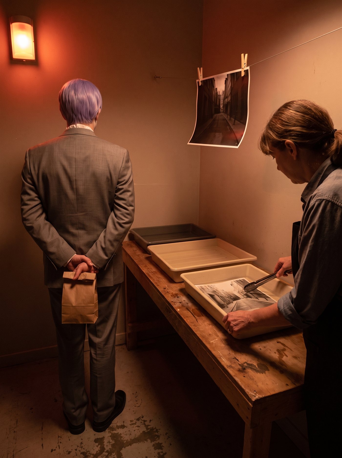 A photograph taken inside a small, cramped darkroom, lit only by one warm lamp in a metal bracket on the left-hand wall, so that the whole room is a dim orange-red and every edge in it is soft. A long wooden workbench runs along the right side of the room carrying three shallow developing trays. Above the bench a thin wire is strung across the corner, and from it, held by two wooden pegs, hangs a finished photographic print of an empty street seen down its length; it is printed dark, its shadows closed up. At the bench on the right a woman in her fifties in a dark apron over a rolled-sleeve shirt stands in three-quarter view, leaning over the nearest tray, holding a pair of print tongs in one hand and steadying the tray with the other, looking down into the liquid. In the tray, half out of the developer, is a second print of the same street, printed light and open, its greys still coming up out of the paper. On the left, standing on the floor a little way back from the bench, a man in a grey suit a half size too big is seen squarely from behind, the back of his head to the camera, his head lowered slightly. His short lavender hair is combed flat above a pale collar. His hands are behind his back at the base of his spine, one fist closed around the rolled-over top of a plain paper bag with no handles, so that the bag hangs shut behind his legs. He is not looking at the print on the line.
