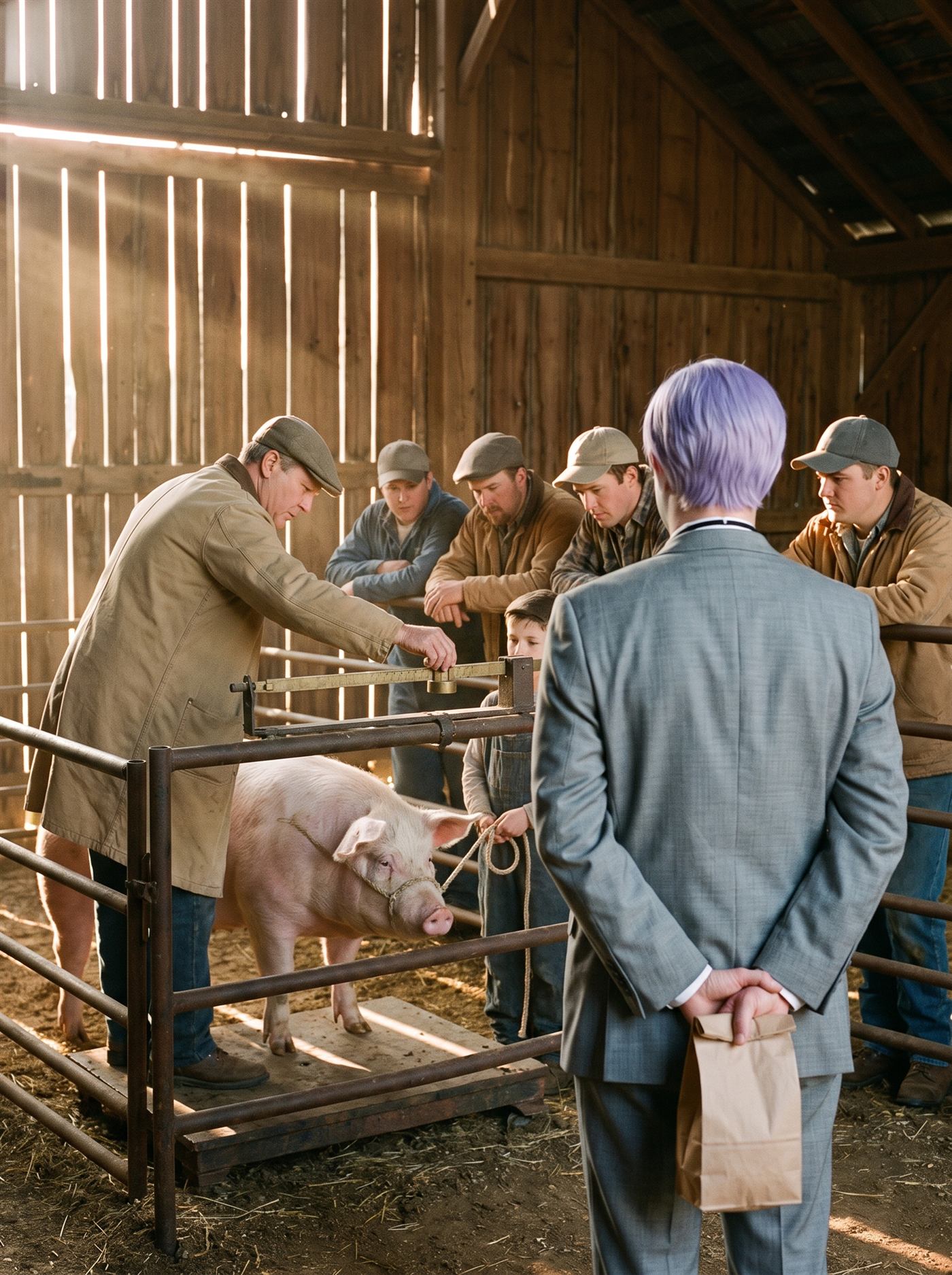 A photograph taken inside the open side of a plain wooden show barn on a bright September morning, low sun coming in from the left in long bars through the gaps in the boards and lighting the dust in the air. In the middle of the frame a large pink farm hog stands quietly on the wooden platform of an old livestock scale inside a low iron pipe railing, a plain rope halter on its head held loosely by a boy in a blue shirt standing at the rail. To the left of the platform an older man in a long canvas coat and a flat cap leans over the scale's brass beam, one hand sliding the weight along it, reading it. Behind the rail four farmers in caps and work jackets lean on the pipe, all of them looking at the beam and not at the animal. In the right foreground a man in a grey suit a half size too big is seen squarely from behind, the back of his head to the camera, his head level. His short lavender hair is combed flat above a white collar, with the black cord of a lanyard at the nape. His hands are clasped behind his back at the base of his spine, both fists closed around the rolled-over top of a plain paper bag with no handles, so that the bag hangs shut behind his legs. He stands a step back from the rail and is not leaning on it.