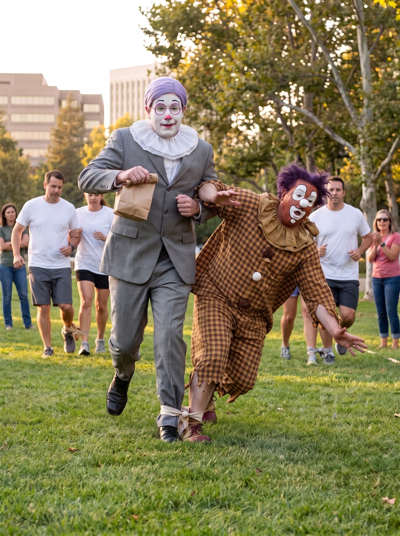 A photograph taken low on the grass of a city park in warm late-afternoon September light, a row of plane trees and the flat faces of office buildings behind. A three-legged race is coming toward the camera: pairs of ordinary adults in T-shirts and shorts, tied at the ankle with strips of cloth, run up the lawn, and a few colleagues in office clothes stand along the edge watching the race. The nearest pair, filling the lower half of the frame, is two clowns. On the left, a man in a mid-grey suit a half size too big is upright and mid-stride, seen from the front: an opaque white painted face with flat rose-pink spectacle rings painted around his eyes, a bubblegum-pink ball nose, a small rose mouth curling into a question mark at one corner, short lavender side-parted hair combed flat, a ruffled collar at his neck. He is looking ahead and a little down with an open, hopeful expression, one arm swinging, the other hand holding a small plain brown paper bag by its rolled-over top. Tied to his ankle by a strip of pale cloth pulled taut, a heavyset clown in a brown-and-mustard gingham costume with a wild aubergine mop of hair is pitching sideways and away from him, arms flung out, his terracotta-red face painted with two mismatched white eye patches, a white ball nose and a white muzzle around an open O of a mouth, one foot caught and the other leaving the ground. The man in the grey suit has not yet noticed.