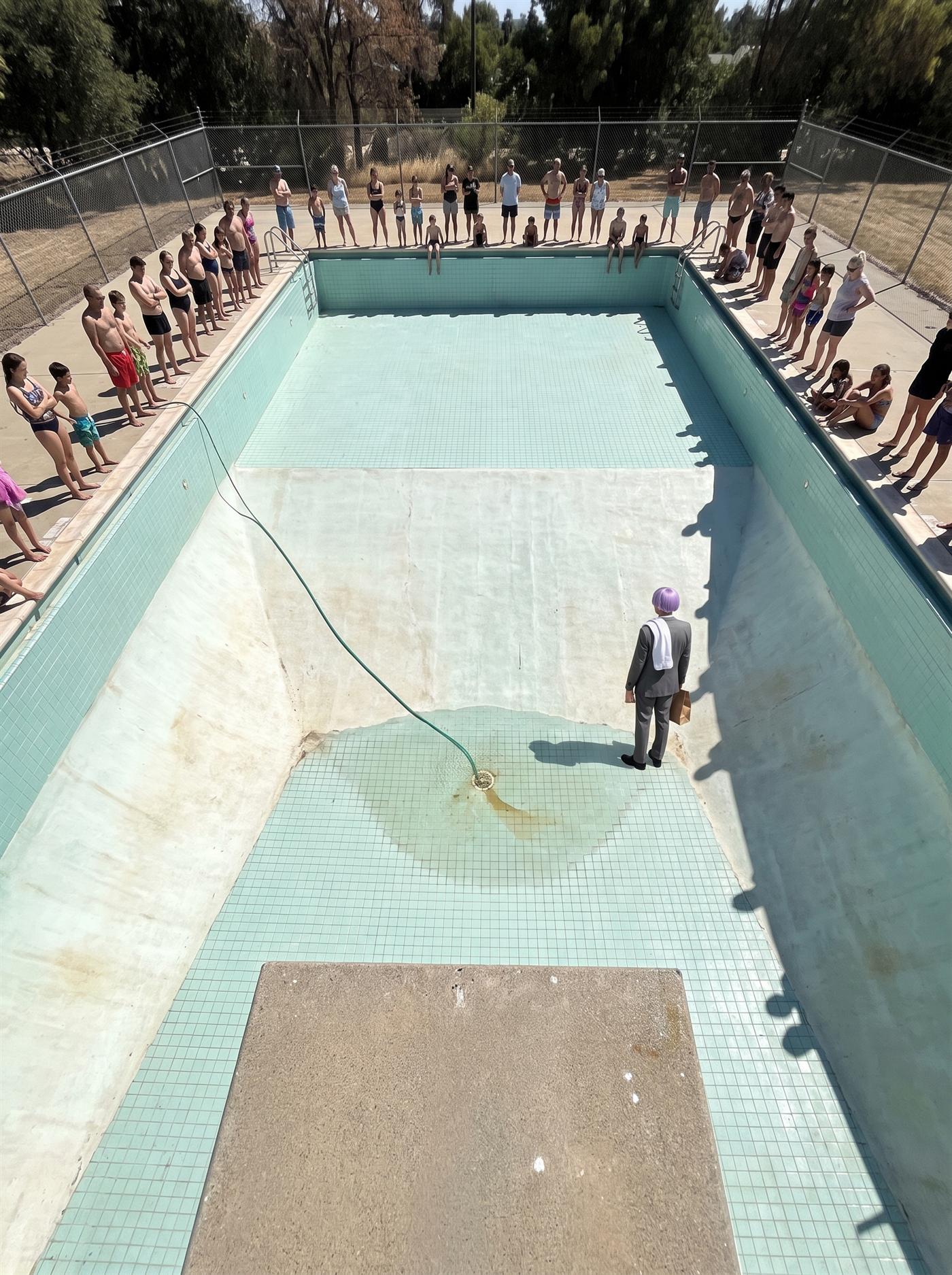 A photograph taken from the top of a diving tower in hard midday sun, looking down and along an enormous municipal swimming pool that has been emptied. The basin is bare pale blue-green tile and bleached plaster, its floor sloping away to a deep end, and the shadow of the tower falls in a hard diagonal across it. Forty or fifty ordinary people in swimming costumes stand and sit all the way around the rim on the hot concrete deck, some at the very edge with their toes over it, all of them looking down into the dry pool. A single thin green garden hose is hooked over the edge and runs slack down the slope; a thread of water comes out of its end and has made one shallow puddle a few feet across around the drain. Down at the bottom of the empty pool, small in the frame and seen from above and behind, one man stands a few feet from the puddle: a clown in an off-the-rack mid-grey suit and black office shoes, short lavender side-parted hair, a folded white towel over his left shoulder and a small plain brown paper bag held in his right hand. He is the only person who has climbed in. Nobody on the deck is looking at him.