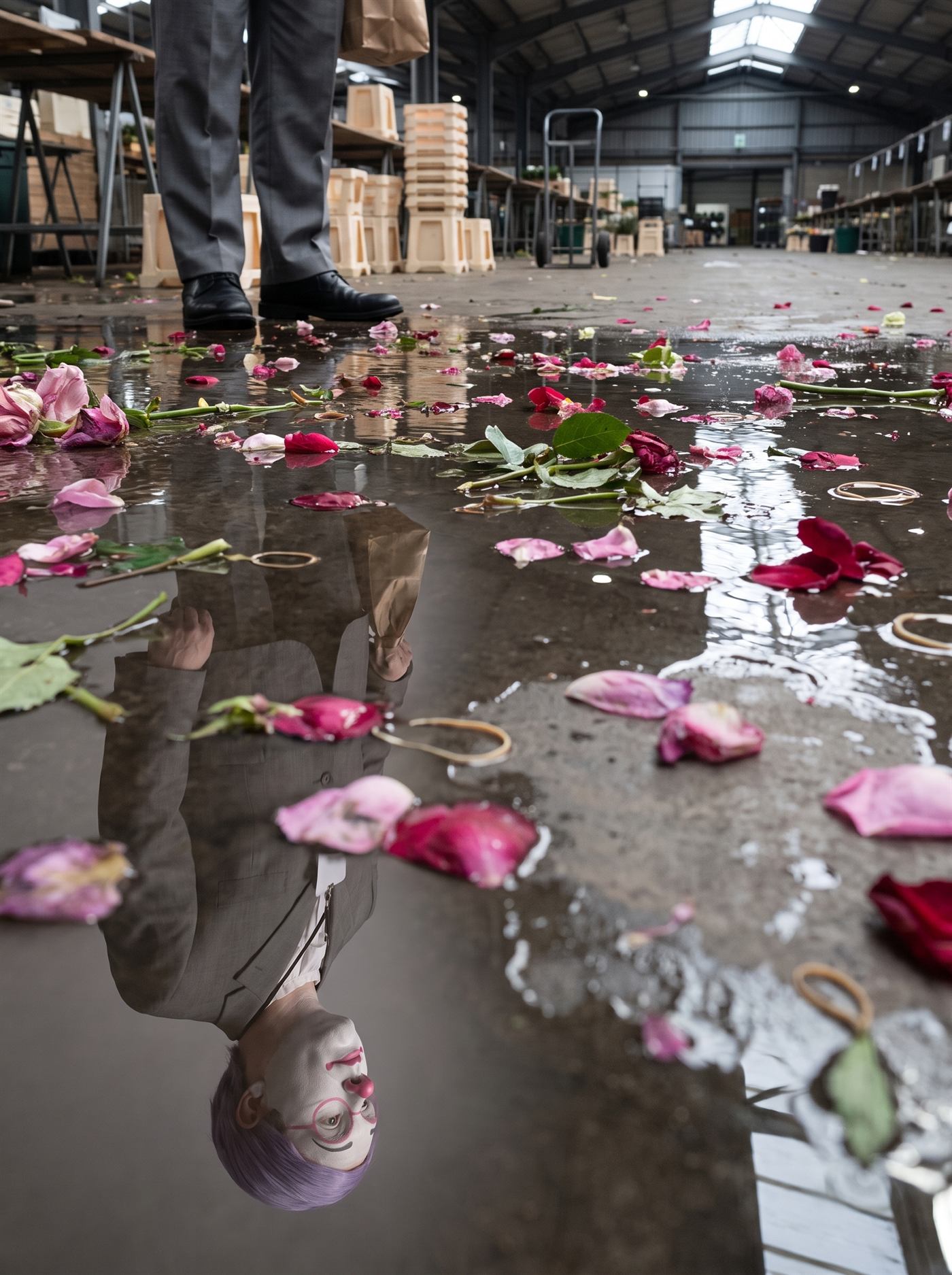 A photograph taken with the camera set down on the floor of an enormous wholesale flower market, a few inches above the wet concrete, looking low along the aisle. The market is finished for the day and the floor has just been hosed. Almost the whole frame is flooded concrete, and lying on it in sharp focus is the debris of the morning's trade: loose petals, whole spent roses, snapped stems, torn leaves and rubber bands, bruised pinks and deep crimsons gone translucent with water. High up at the left of the frame, small and slightly out of focus, are the only parts of a man that rise above the water line — two plain black office shoes, a few inches of mid-grey trouser cuff, and a small brown paper bag hanging from a fist above. Everything else of him is his reflection, upside down in the water and running down the left of the picture toward the camera: the inverted grey suit, a white ruffled collar, a blank white badge, and nearest the camera at the bottom of the frame his inverted head — short lavender side-parted hair, a white greasepaint face, flat rose-pink spectacle rings painted around the eyes, a pink ball nose, his head turned a little aside and his eyes away down the hall. Real petals lie across the reflection. Behind him the hall recedes out of focus: stripped trestles, stacked cream crates, a parked hand trolley, the dim far end. The whole right-hand half of the picture is empty flooded floor with petals on it and nothing else.