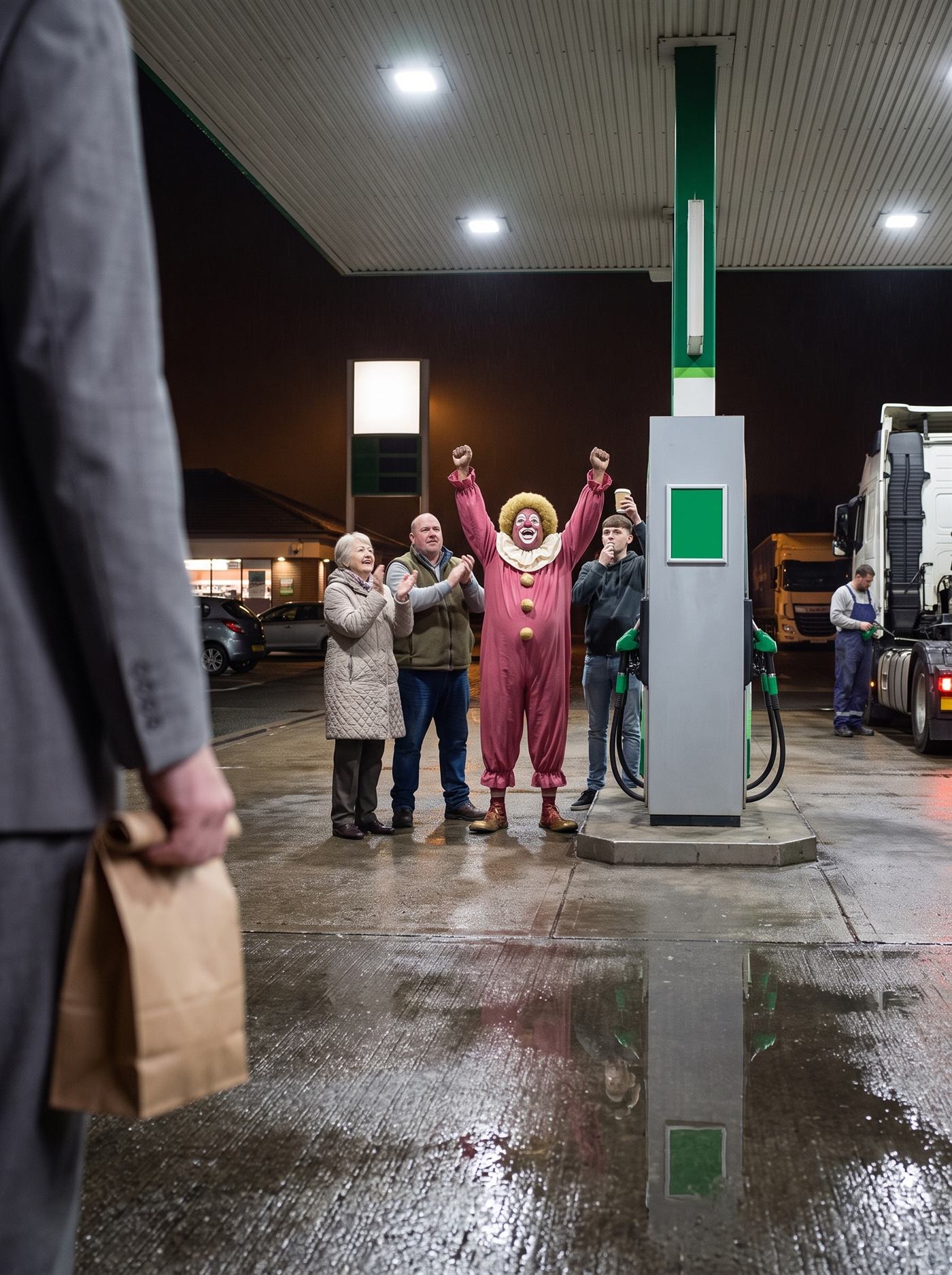 A photograph taken at night on the forecourt of a roadside fuel station, under a flat pale canopy with recessed white lights, in light rain. The concrete is wet and the bottom half of the picture is empty flooded ground carrying long broken reflections of the canopy lamps, of a rose costume and of a green panel. Down the extreme left of the frame, from the top edge to the bottom and nearest the camera, runs a soft out-of-focus vertical band of mid-grey suit cloth: the shoulder, arm and hip of a man standing so close to the lens that the top of the frame cuts him off at the chest, so that no part of his head, face or hair appears in the picture at all. About halfway down that band his hand hangs at his side, in focus, holding a small brown paper bag with no handles, its top rolled over once and gripped closed in his fist. He is not clapping. In the middle distance, six or seven metres away and brightly lit from directly above, five figures are gathered at a tall pale fuel pump: an older woman in a quilted cream coat clapping in front of her chest; a man in an olive gilet clapping with his elbows out; a heavyset clown in a rose costume with three gold pom-poms down the front and a giant cream ruffled collar, both fists thrown straight up above his head and his head tipped back, mouth open at the top of a cheer — a huge bright-gold afro, a rose-magenta painted face, cream patches above and below the eyes and a thick cream U-shaped muzzle; a young man in a dark hooded top with his fingers at his mouth, whistling; and beside him a raised hand holding a paper cup. Every one of them is facing the pump and none of them is looking at the camera or at the grey suit at the edge of the frame. The pump carries a blank green panel with nothing written on it and a row of green nozzles in their holsters with thick black hoses. Behind, in warm sodium dark beyond the canopy, are parked lorries with a driver in overalls fuelling one of them, a lit shop building, and a scatter of cars.