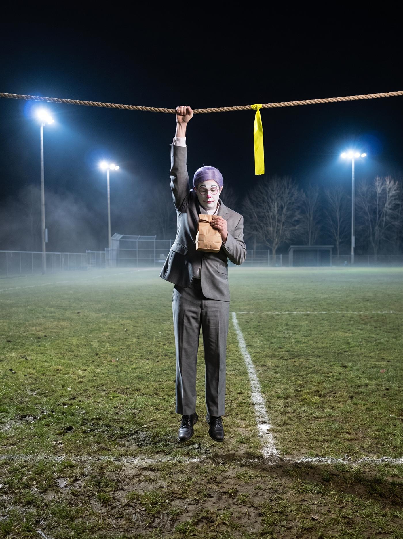 A photograph taken at night on a municipal sports field, lit hard and cold by four floodlight towers standing well back, with a low mist lying across the grass and a black starless sky above. Across the upper third of the frame, almost perfectly level, runs a single thick pale hemp rope about as thick as a man's wrist, drawn bar-tight. It enters at the left edge of the picture and leaves at the right edge; neither of its ends is in the photograph and nobody is holding either one. Hanging from the middle of that rope by his right fist, arm straight up above his head, is a man in an off-the-rack mid-grey suit half a size too big. His whole body hangs straight down, plumb and heavy, and his black shoes are clear of the ground with a gap beneath them about the length of his own forearm. His left forearm is bent up across his chest, clamping a small plain brown paper bag with no handles flat against him, its top rolled over once. He is in full clown makeup: an opaque clean white greasepaint base, two flat rose-pink rings painted around his eyes in a round wire-rim style and joined by a painted bridge, short charcoal brows, a glossy bubblegum-pink ball nose, a small rose-pink painted mouth whose left corner ends in a curl, and a short lavender side-parted wig combed flat. A modest white ruffled collar sits at his neck like a shirt collar. His head is level and square to the camera and his eyes are lowered onto the bag. Wrapped around the rope just beside his fist is a band of bright lemon-yellow tape a hand wide with a short tail hanging from it, and that yellow band hangs directly above a single white chalk line struck across the grass and running away from the front of the frame toward the back. The yellow has not been pulled to either side of the line. The field around him is completely empty in every direction: no teams, no crowd, no officials, nobody else at all. Far behind, barely lit through the mist, are a chain-link fence, a plain open shelter, bare trees and the floodlight poles. The grass in the foreground is worn and churned to mud.